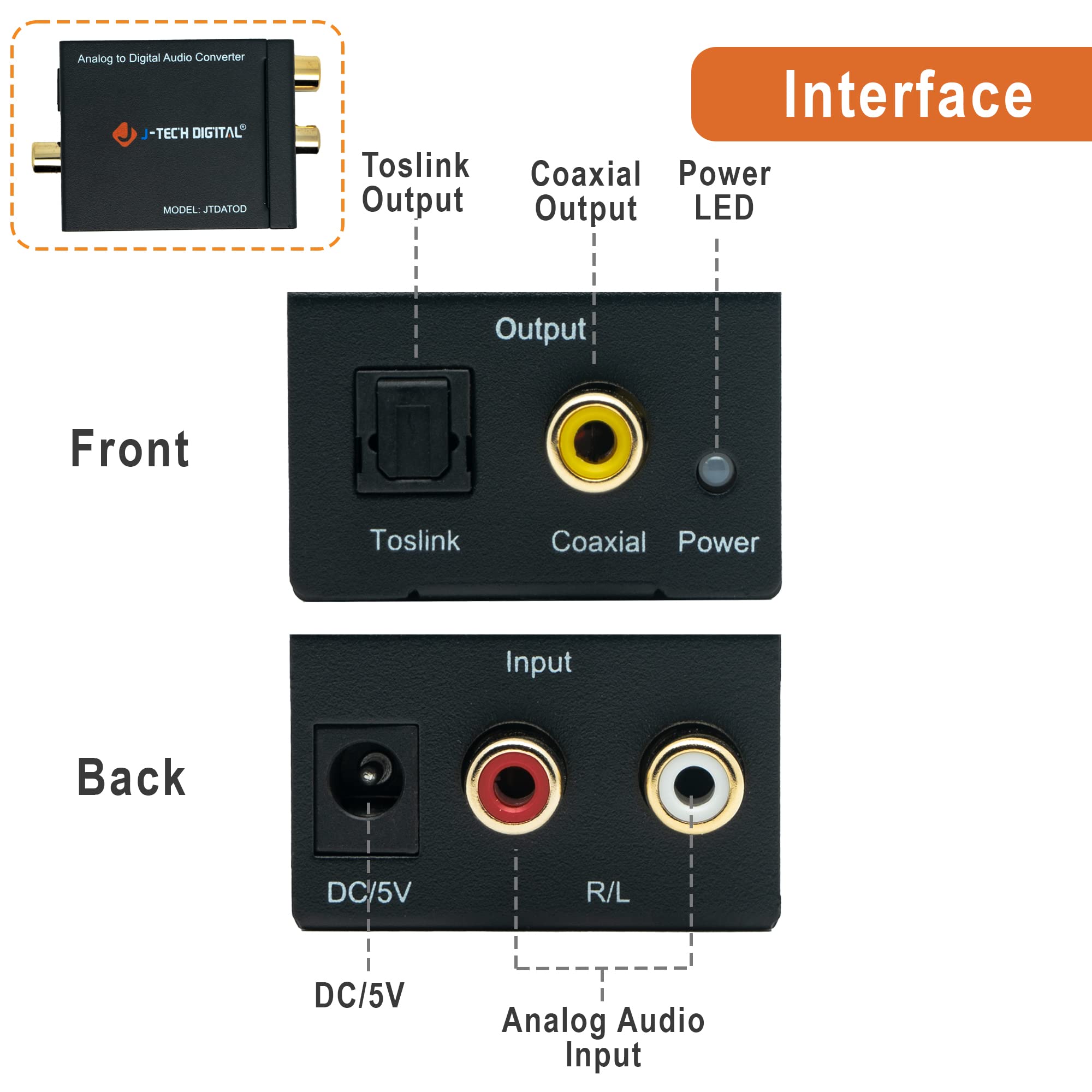 J Tech Digital  Premium Quality Rca L/R Analog Audio To Optical Spdif/Coaxial Digital Converter With 3.5Mm Jack Support Headphon