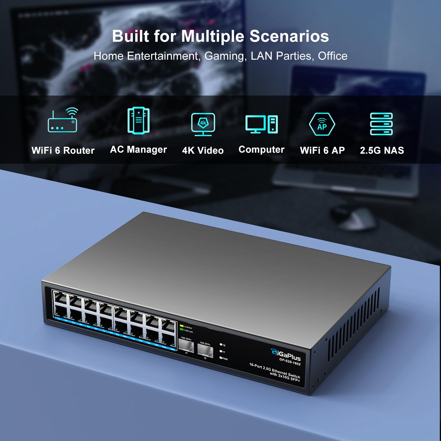 18 Port 2.5Gb Unmanaged Ethernet Switch With 16* 2.5G Base T Ports, 2* 10G Sfp+ Ports. Gigaplus 2.5Gbps Network Switch For 2.5Gb