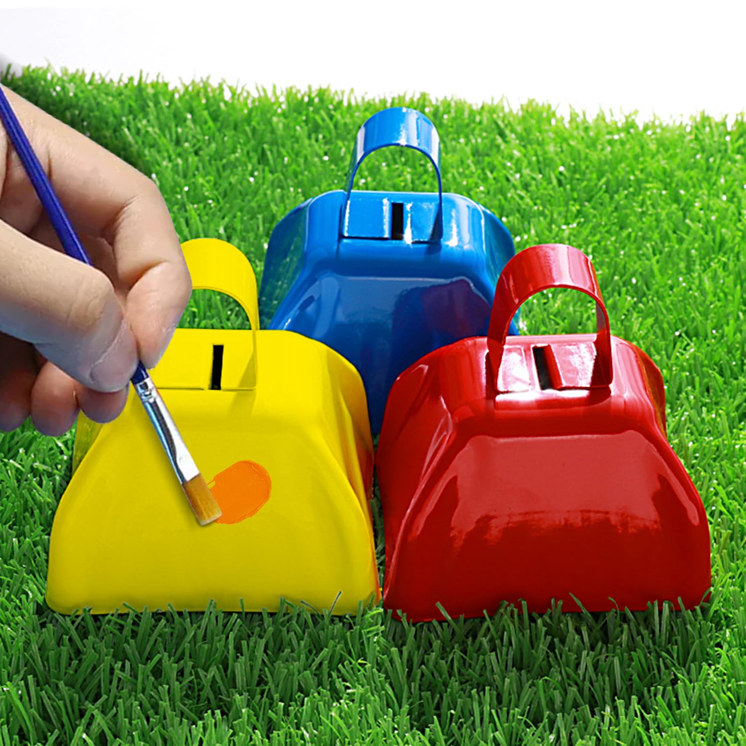 15 Pack 3 Inch Metal Cowbell Noisemaker Cheering Bell Yellow Cowbells For Sporting Events Bulk Loud Cow Bell With Handles, Small