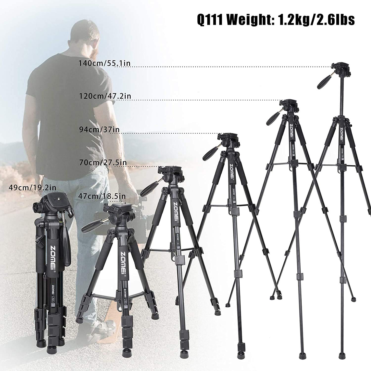 Camera Tripod 55 Inch Q111 With Phone Holder,Cell Phone Tripod Stand Protable Lightweight For Canon Nikon Sony Dslr Projector Webcam Spotting Scopes Gopro And Smartphones Live(Black)