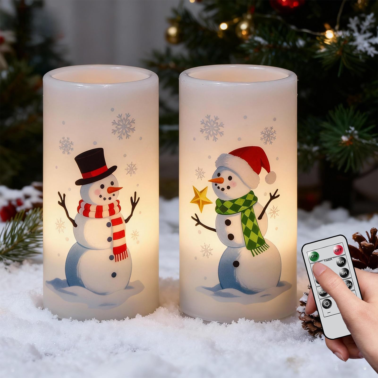 Eldnacele Christmas Snowman Flameless Candles Battery Operated with Remote and Timer Real Wax Flickering LED Pillar Candles Xmas
