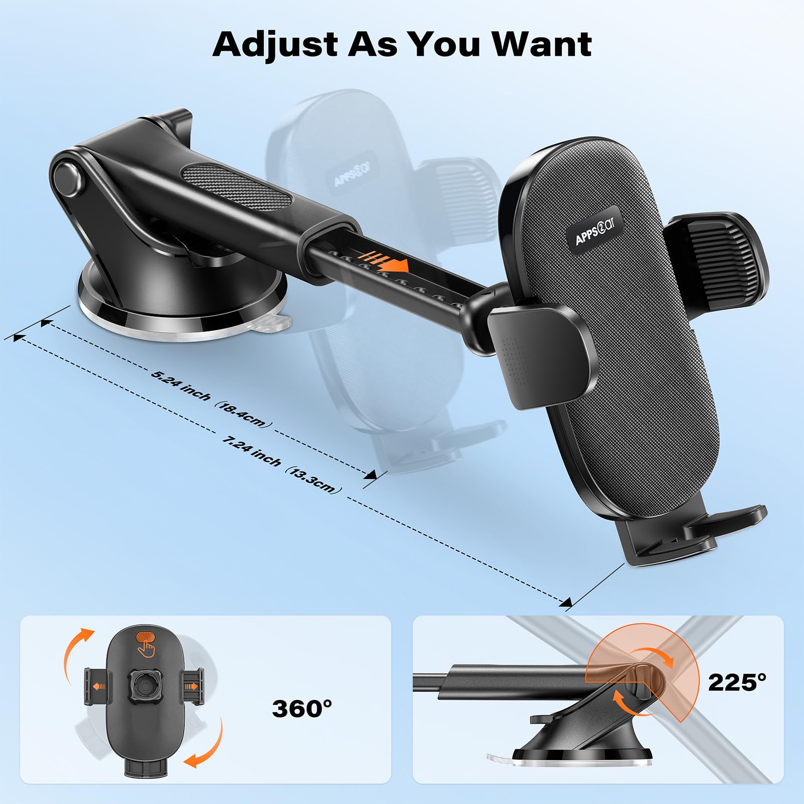 Apps2Car Suction Cup Phone Mount, Windshield/Dashboard/Air Vent Suction Car Phone Holder Mount With Sticky Gel Pad, Compatible With Iphone, Samsung, All Cellphone, Thick Case Friendly