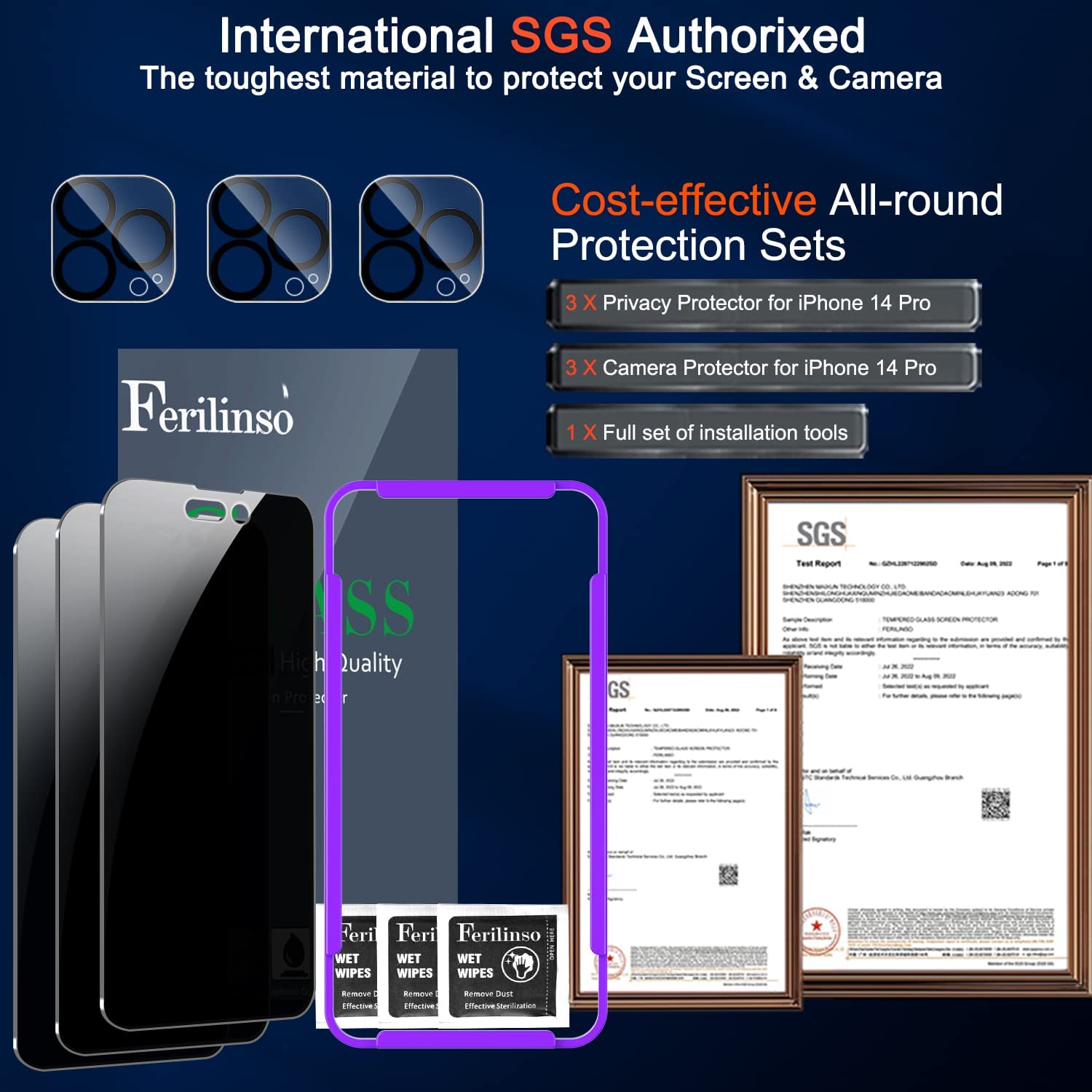 Ferilinso [3+3 Pack] For Apple Iphone 14 Pro Privacy Screen Protector Tempered Glass Accessories 3 Pack 9H Anti Spy Privacy Scre