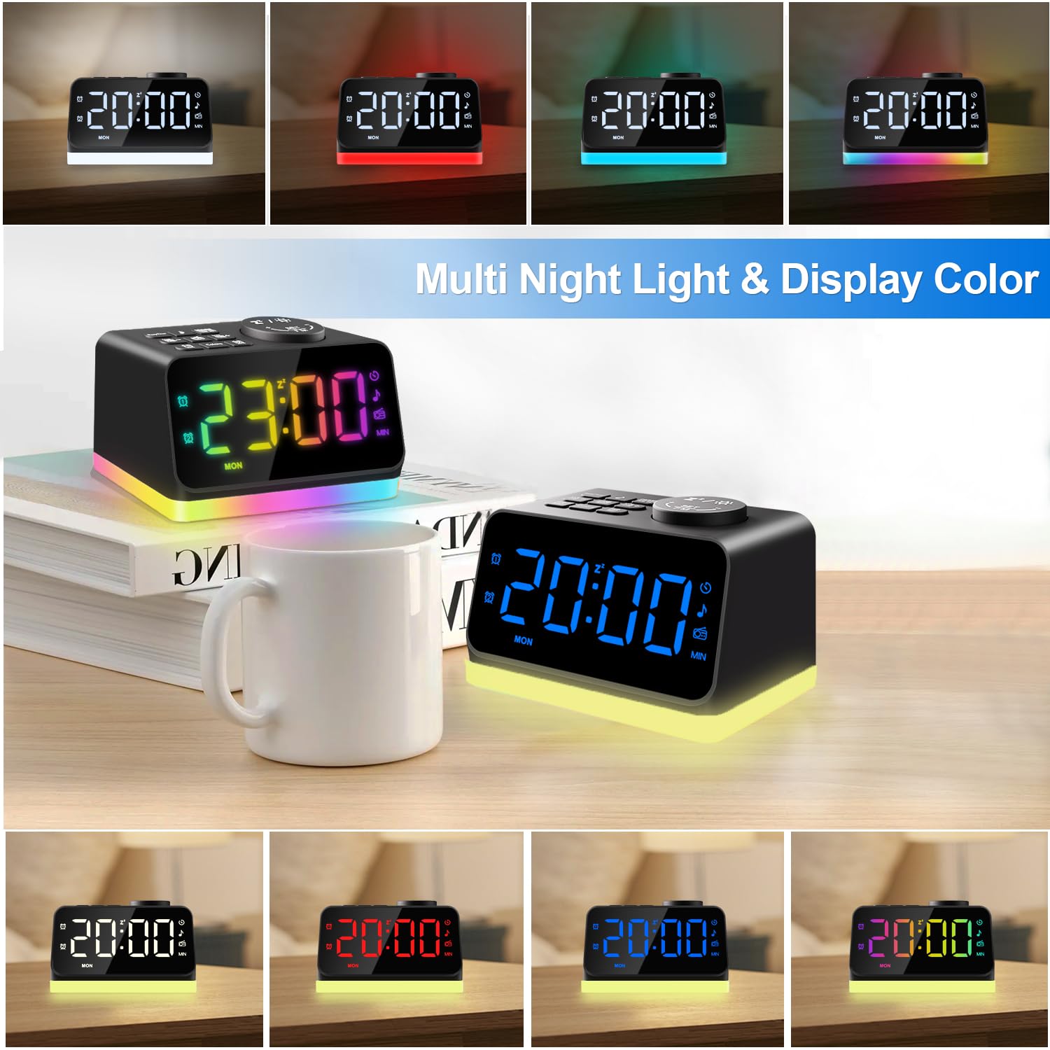Digital Alarm Clock With Fm Radio For Bedroom, 8 Colors Night Light With 2 Charging Port, Sleep Sound Machines With Timer, Dual