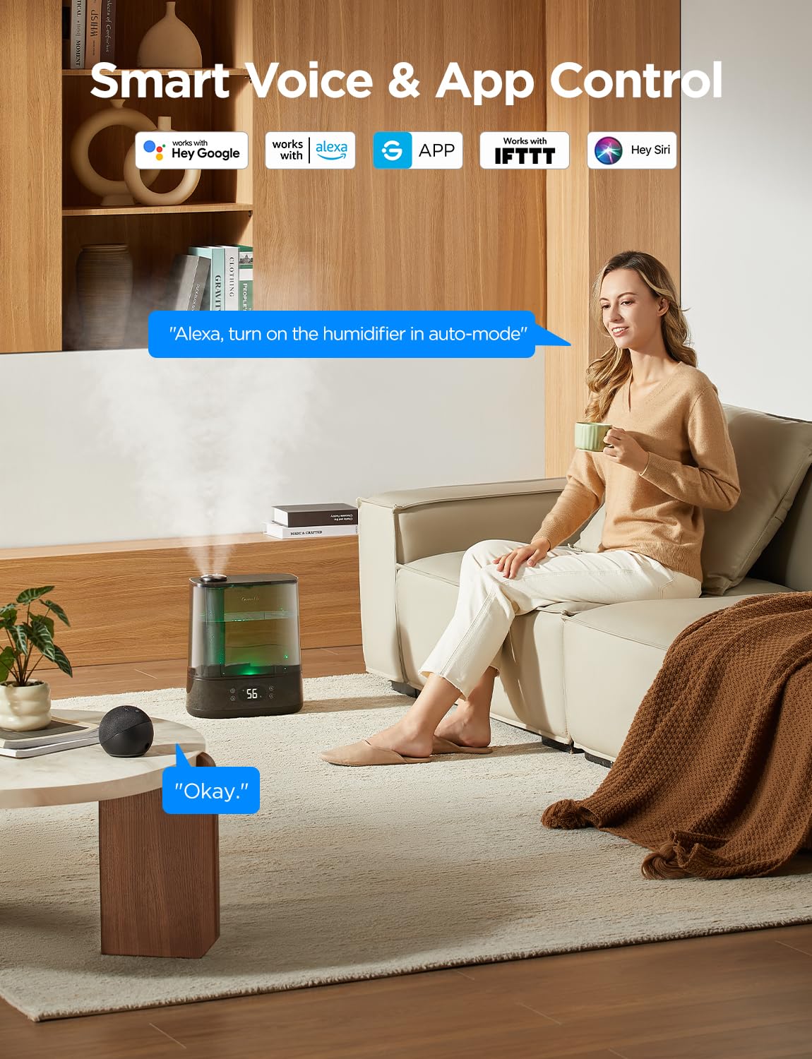 Goveelife Smart Humidifiers For Bedroom, 6L Cool Mist Top Fill For Large Room, Humidity Sensor, Auto Mode, 60H Quiet Runtime, Sc