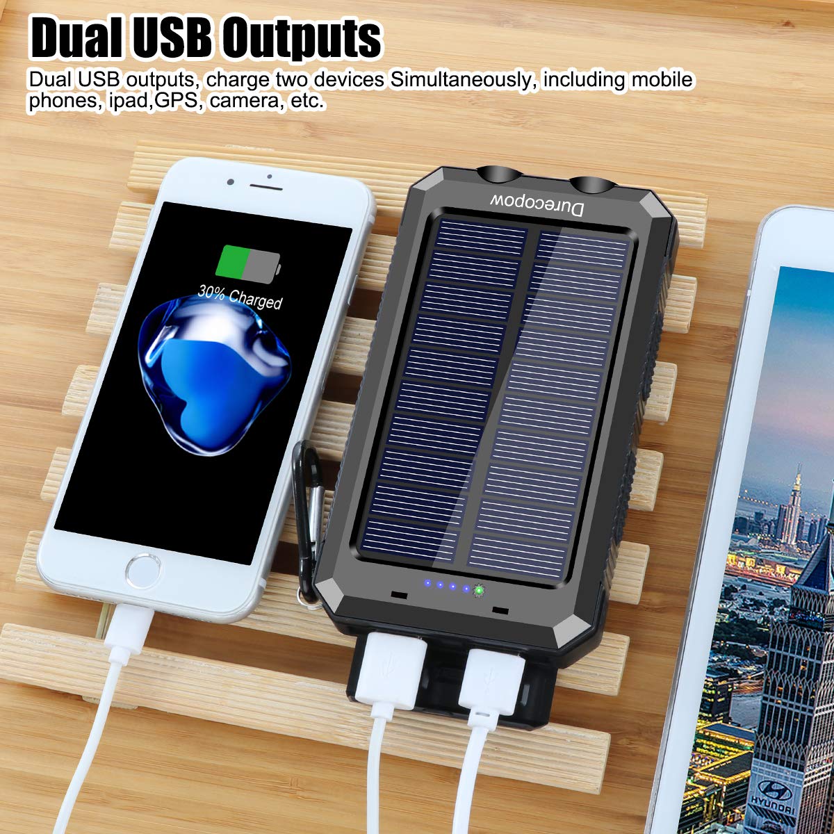 Solar Charger, 20000Mah Portable Outdoor Waterproof Solar Power Bank, Camping External Backup Battery Pack Dual 5V Usb Ports Out
