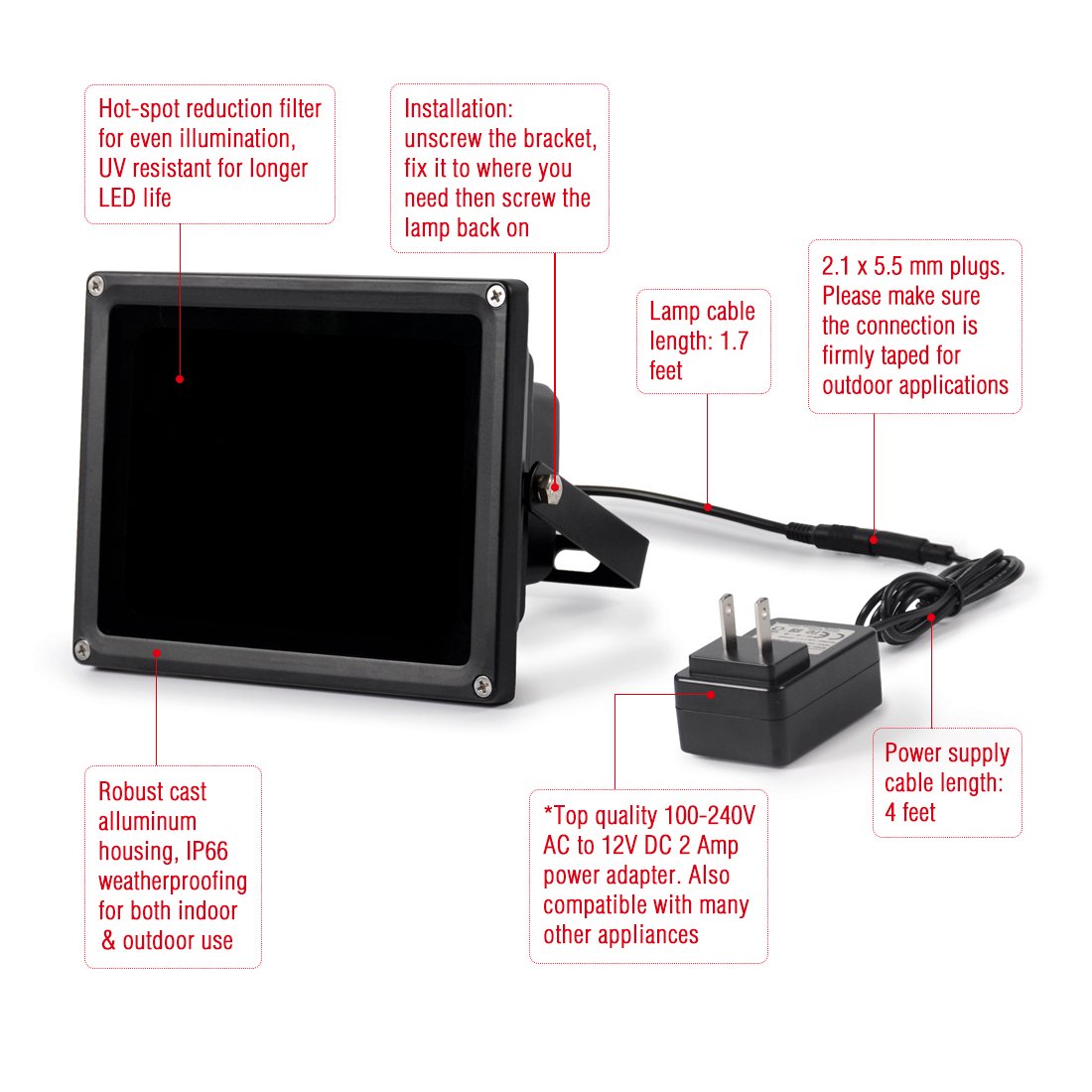 Tendelux 200Ft Long Range Ir Illuminator | Bi18 90� Led Outdoor Ir Flood Light For Security Camera (W/Power Adapter)
