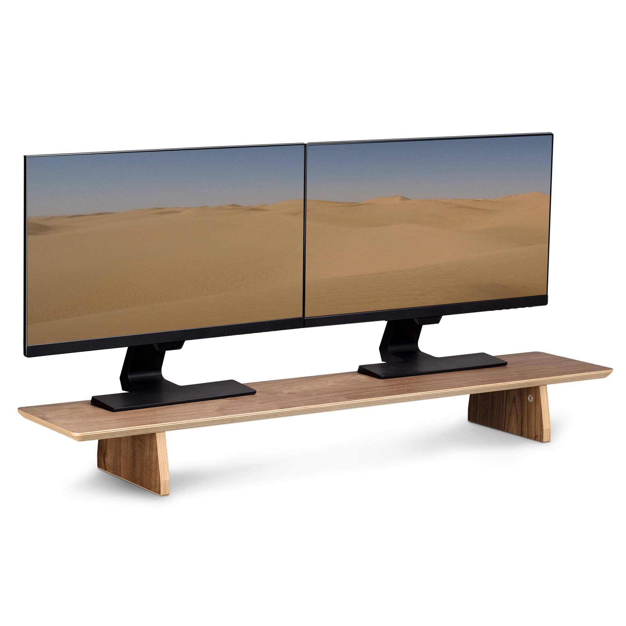 Navaris Dual Monitor Stand Riser   Real Wood Double Width Desk Shelf For Holding 2 Computer Screens   42.9'' Wide X 9.1'' Deep X