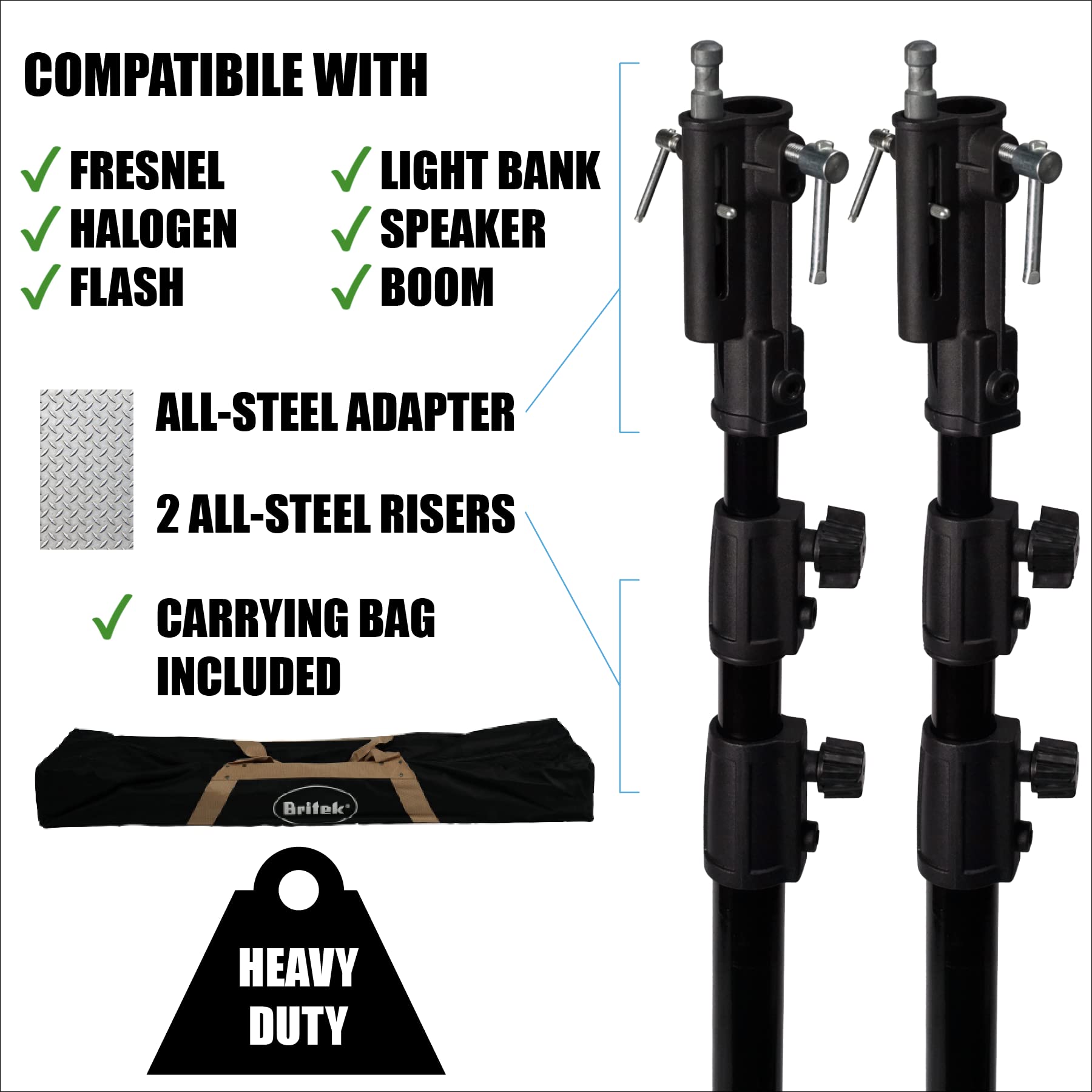 Britek 9Ft / 2.7M Heavy Duty Steel Light Stand For Video, Portrait And Photography Lighting (2 Pieces With Carrying Bag)