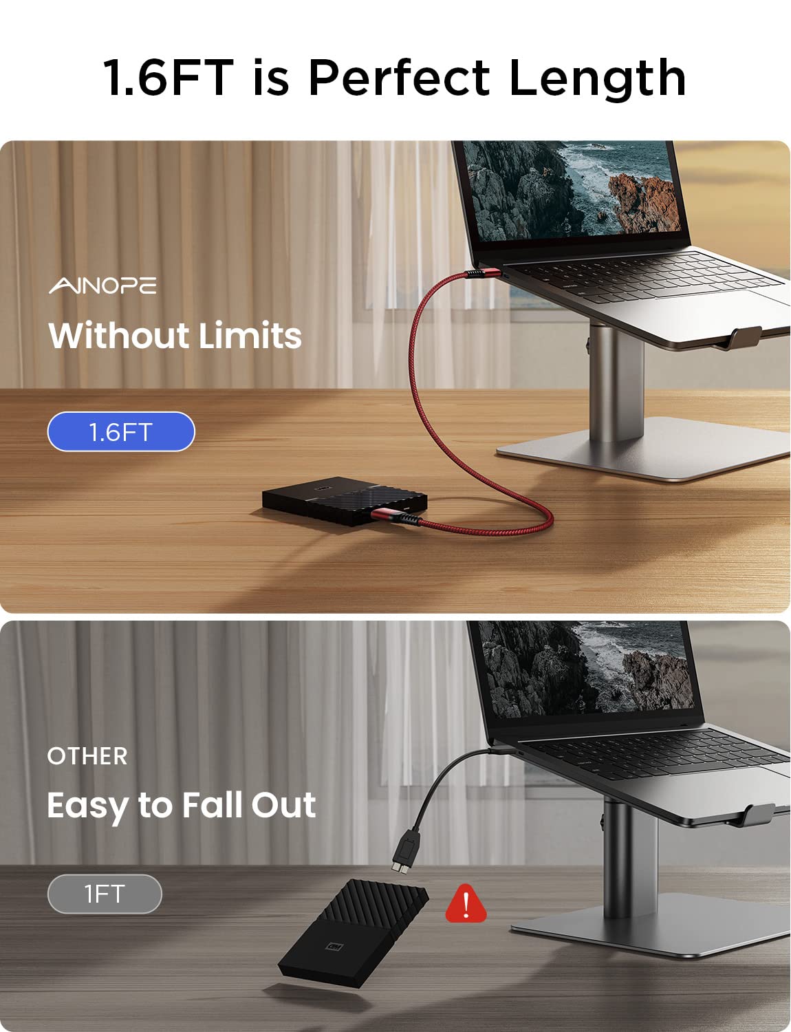 Ainope 10Gbps Micro B To Usb C Hard Drive Cable 1.6Ft/0.5M, [Nylon Braided] Usb C To Micro B Cord, Usb C To External Hard Drive