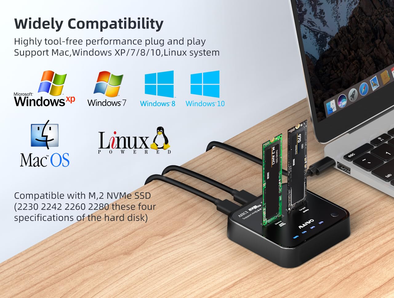 Maiwo M.2 Nvme/Ahci Dual Bay Hard Drive Docking Station Duplicator,20Gbps Tool Free M.2 Cloner Dock,8Tb Support M.2 Nvme Max 20Gbps Read&Write&Clone (M.2 Ahci/Nvme Cloner Dock)