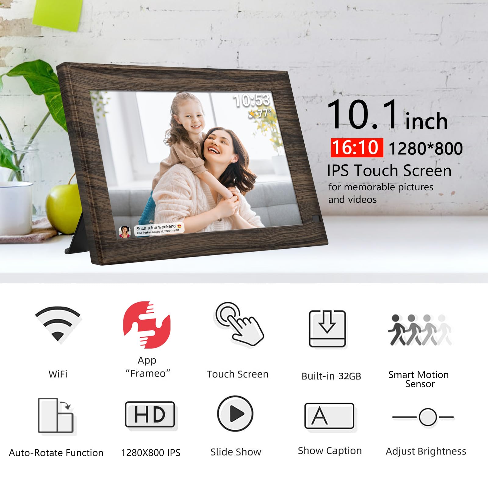 32Gb Frameo 10.1 Inch Smart Wifi Digital Photo Frame 1280X800 Hd Ips Lcd Touch Screen, Auto Rotate, Motion Sensor, Built In 32Gb
