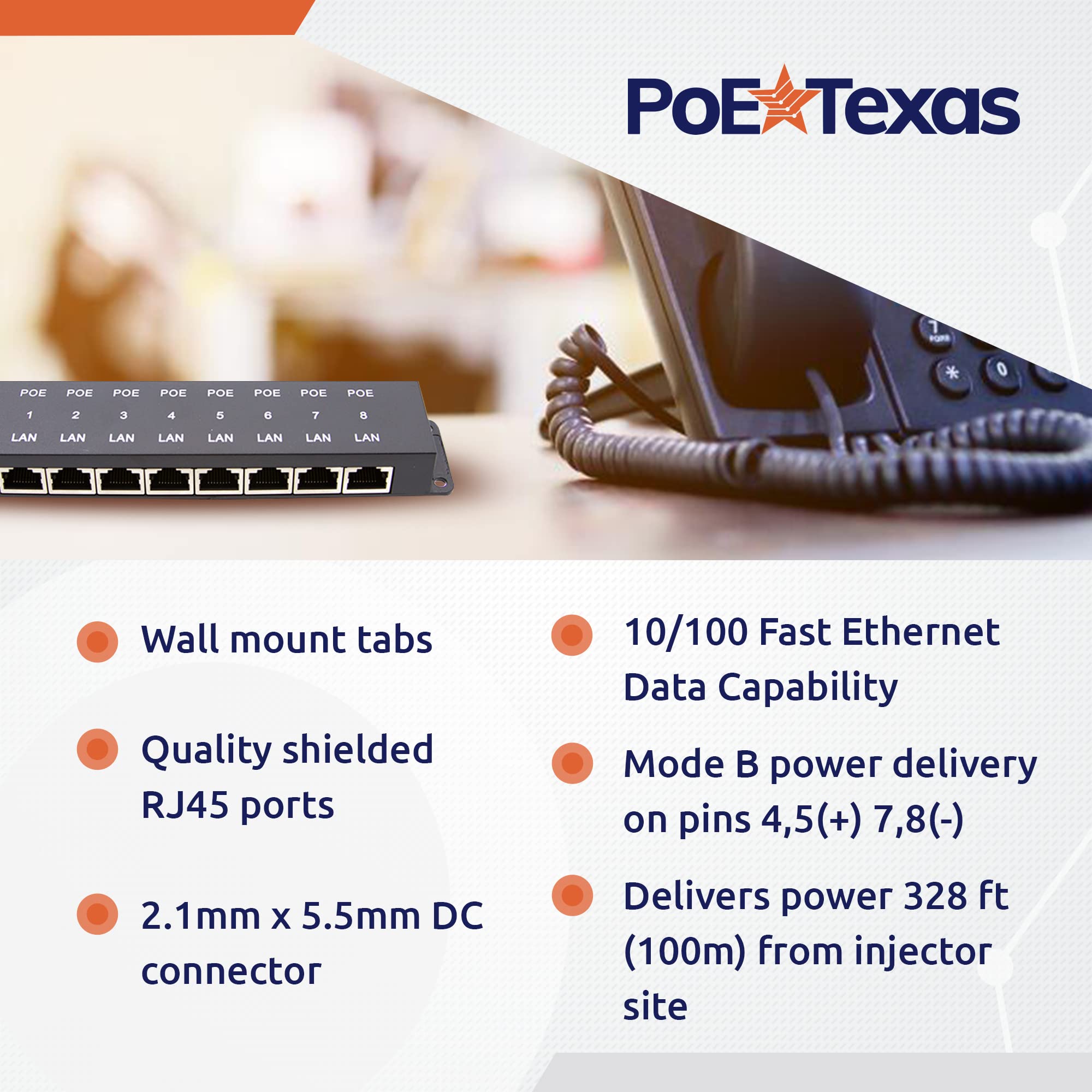 Poe Texas 8 Port Poe Injector   10/100 Passive Power Over Ethernet With 48V 60W Ul Power Supply   802.3Af Poe Injector For Voip