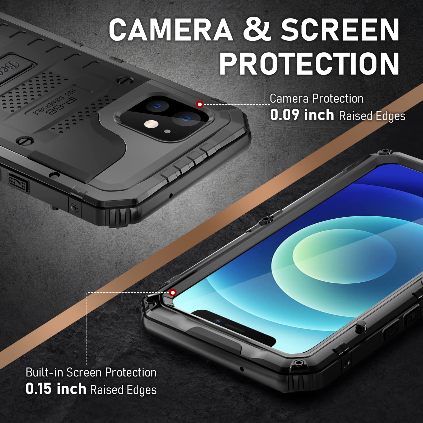 Beasyjoy For Iphone 12 Case Waterproof, Metal Military Grade Shockproof Case With Built In Screen Protector, Full Body Protectiv