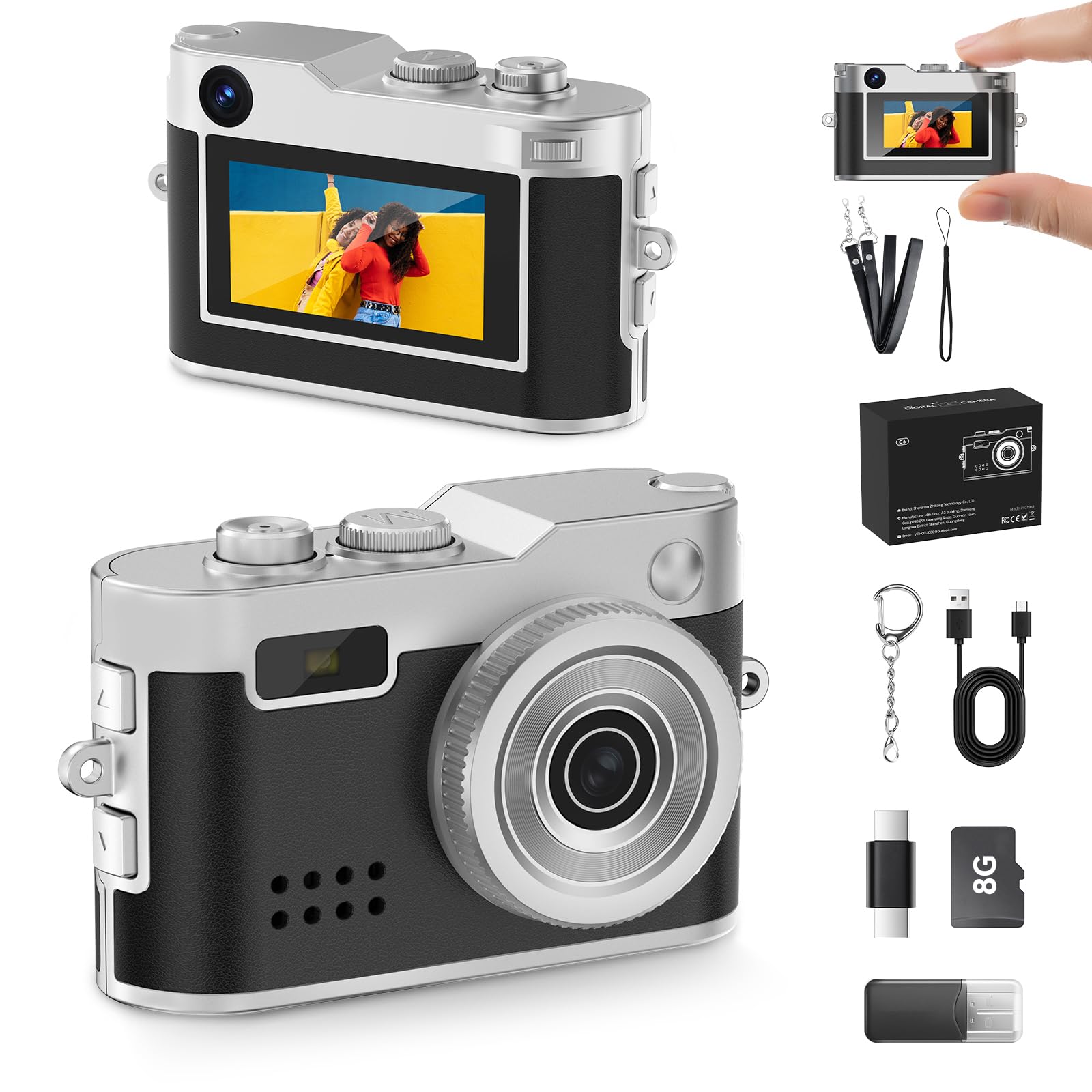 Y2K Mini Keychain Camera, Retro Aesthetic Digital Point and Shoot Camera for Teens, Pocket-Sized Vintage Digicam Bag Charm, 1080