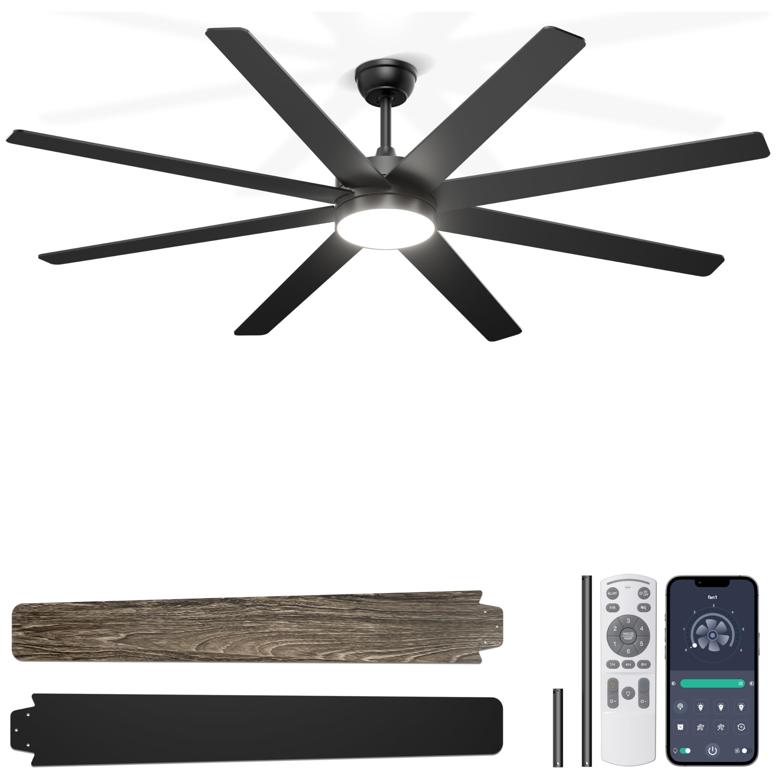 Phylluz 72 Large Ceiling Fans with Lights, Modern Black Ceiling Fan Remote/APP Control, Dimmable, Quiet DC Motor Big Ceiling F