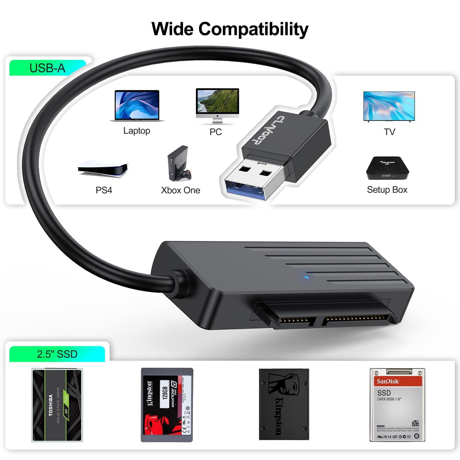 CLAVOOP SATA to USB 3.0 Adapter, 6" Black Cable, Copper, 5Gbps Data Transfer, UASP Compatible for SSD & HDD