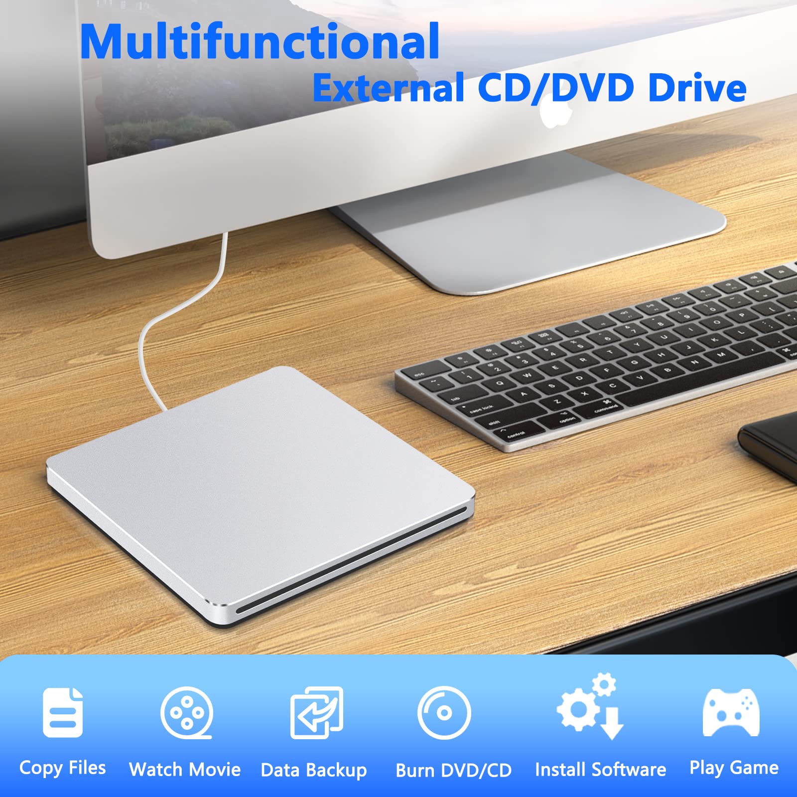 Guamar External Cd Dvd Drive Superdrive For Apple, Aluminum Alloy Slot In Usb Cd/Dvd Burner, Portable Cd Reader Dvd Player Write
