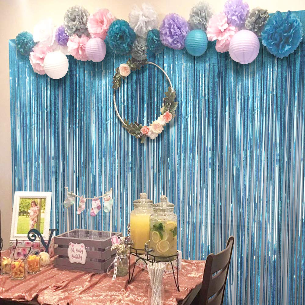 Melsan 2 Pack 3.2 Ft X 8.2 Ft Teal Tinsel Foil Fringe Curtains Backdrop, Sparkle Metallic Foil Curtains For Birthday Party Decor