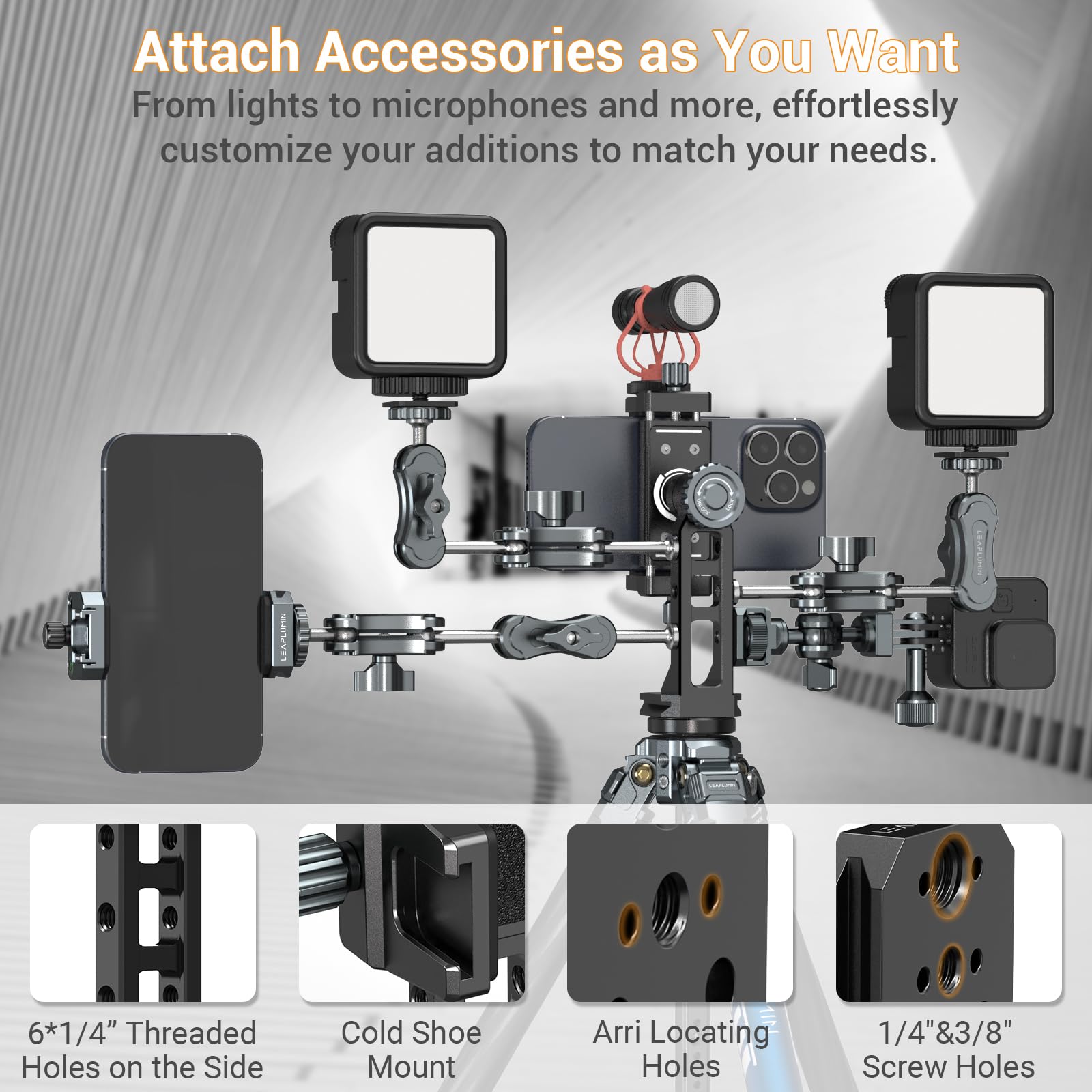 Leaplumin Metal Phone Mount For Tripod With 2 Cold Shoes & Arca Port,Phone Holder Stand With 4 * 1/4'' Screw Mount,Support Verti