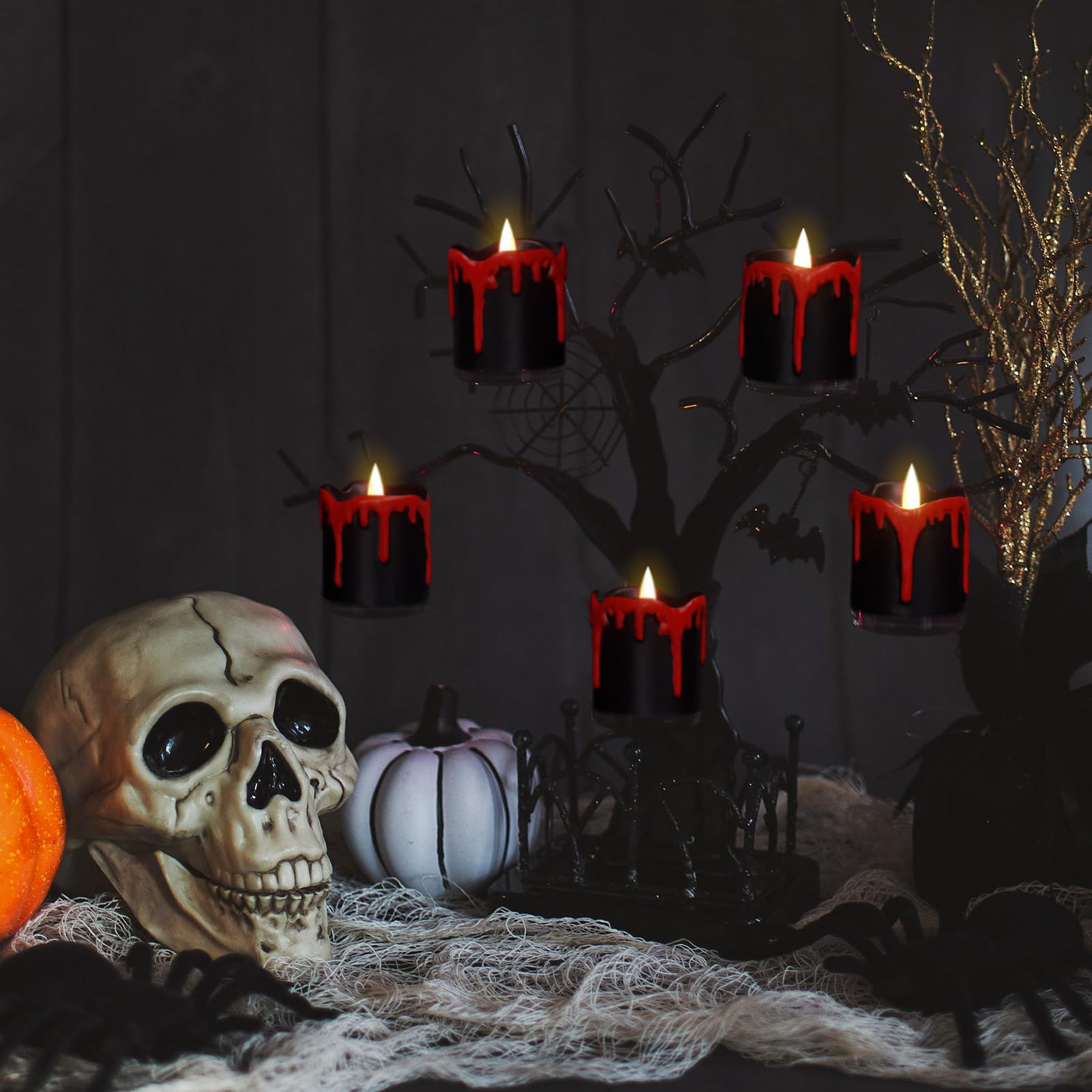 Wondise Halloween Black Flameless Candles With Timer, Battery Operated Votive Candles Tea Light With Blood Dripping Real Wax 3D
