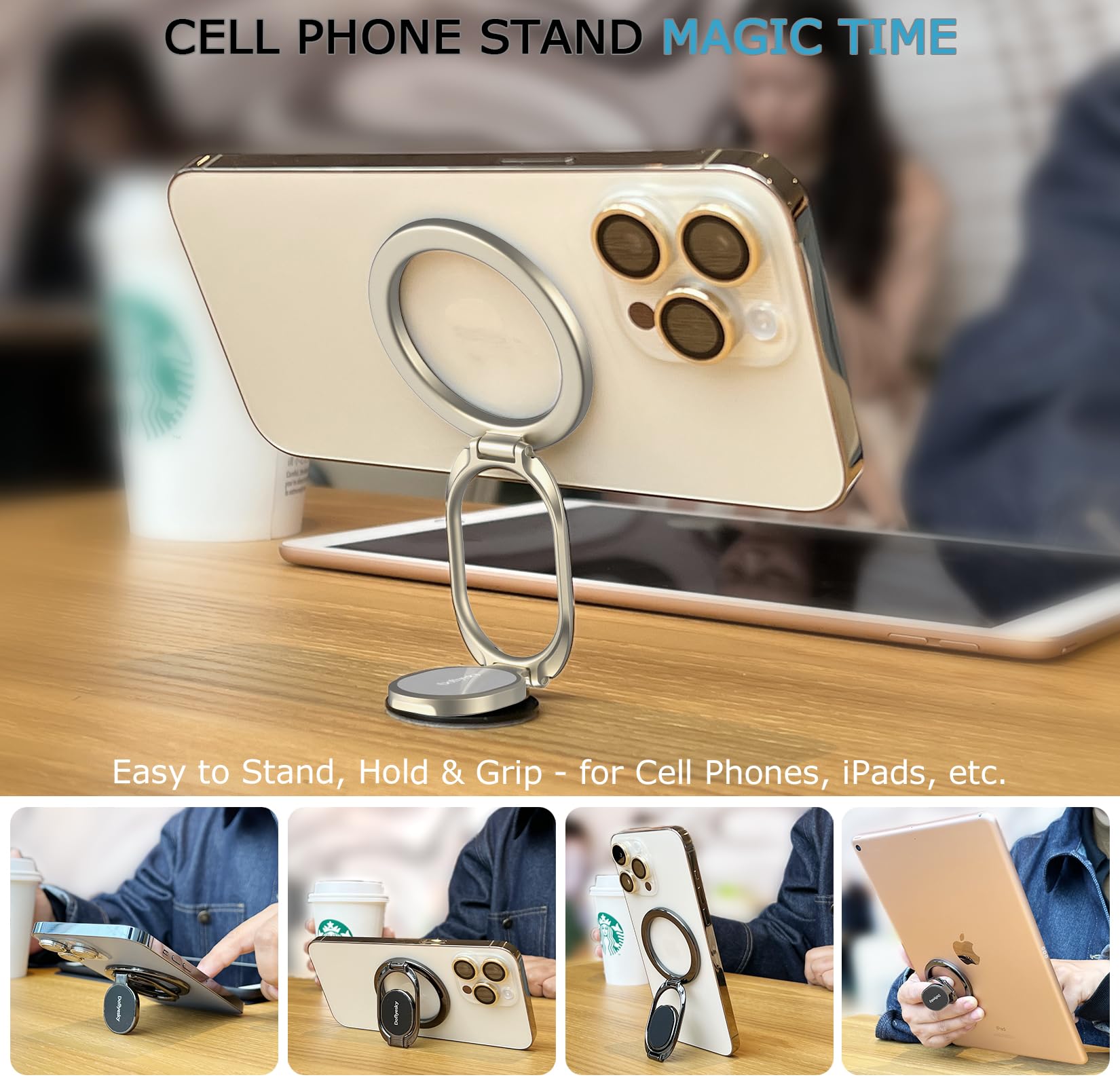 Magnetic Phone Ring Holder, Double Adjustable Gym Finger Ring Grip And Stand, Removable Phone Grip, For Iphone, Ipad And Smartph