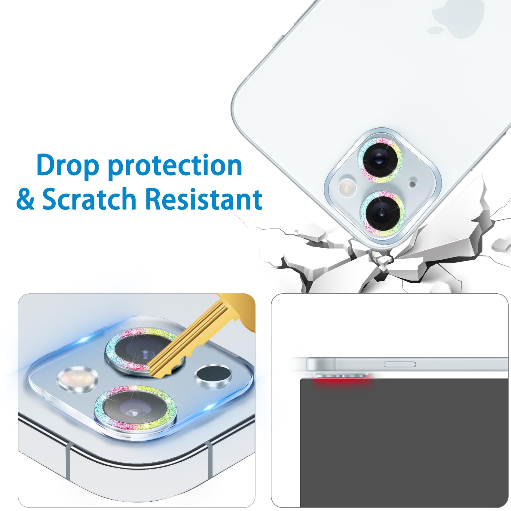 Dengduoduo ?3 Pack? Tempered Glass Camera Lens Protector For Iphone 15 6.1'' & For Iphone 15 Plus 6.7'', Bling Glitter, Ultra Hd