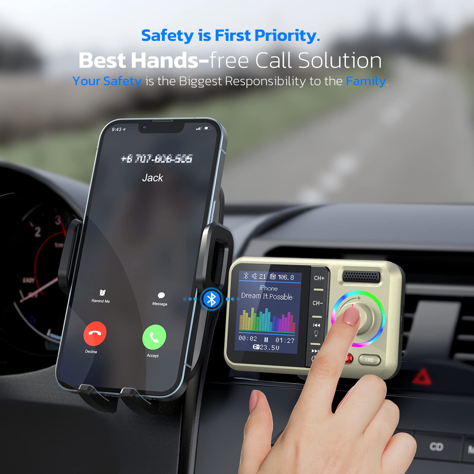 Nulaxy Bluetooth Fm Transmitter For Car, Wireless Car Bluetooth Adapter With Big Color Screen, Support Qc3.0 Fast Charging, Hands Free Call, Mp3 Music Player Bass&Tre Booster, Tf Card Aux Km28 Yellow