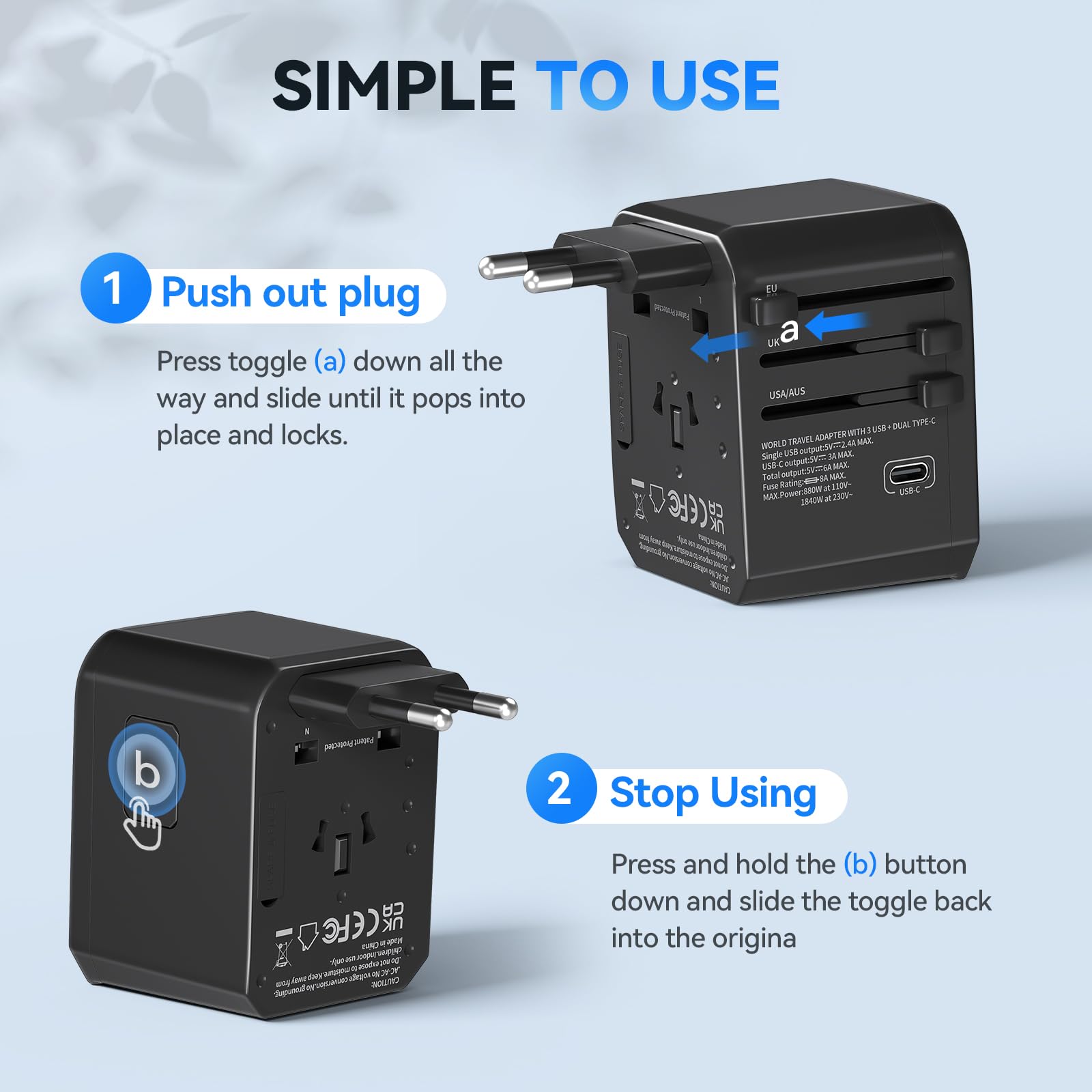 International Power Plug Adapter, Unidapt Universal Travel Adapter With 3 Usb C And 2 Usb A Ports, European Worldwide Wall Charg