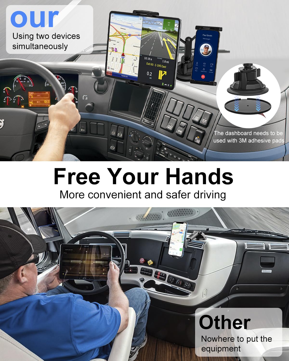 Kolasels Heavy Duty Dual Tablet Holder For Car/Truck [Metal Arm] Dashboard Windshield Double Mount For Vehicle Dash Suction Stan