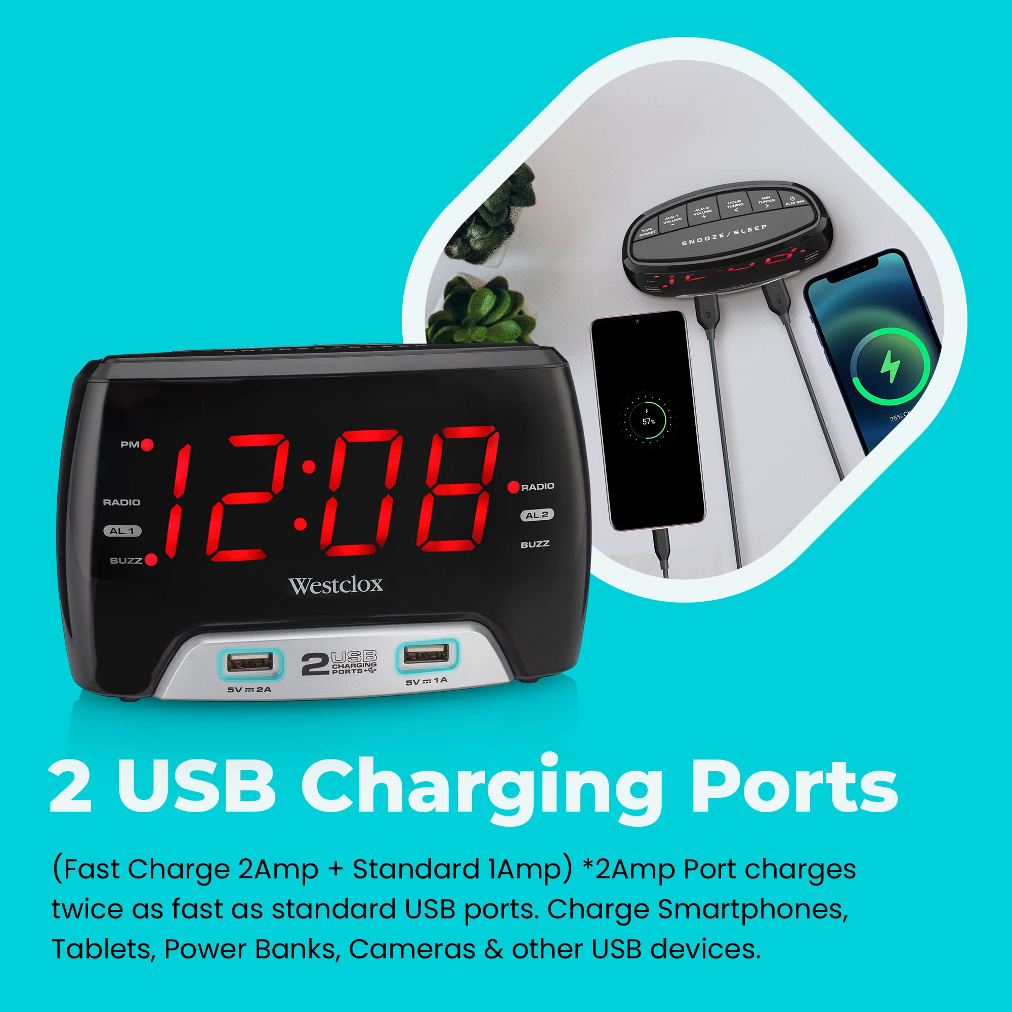 Westclox Large 1.4� Red Led Digital Fm Clock Radio With Dual Usb A & C Charging Ports, Adjustable Brightness, Dual Alarms & Sleep Timer � Modern Alarm Clock For Bedroom, Home, Or Office (Black)