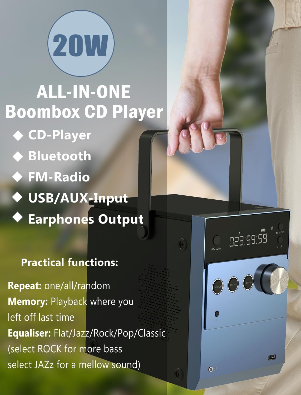 Lonpoo Portable Boombox Cd Player | 20W Compact Disc Players | Rechargeable Battery|Bluetooth 5.3/Fm Radio/Usb/Aux Input | Mic &