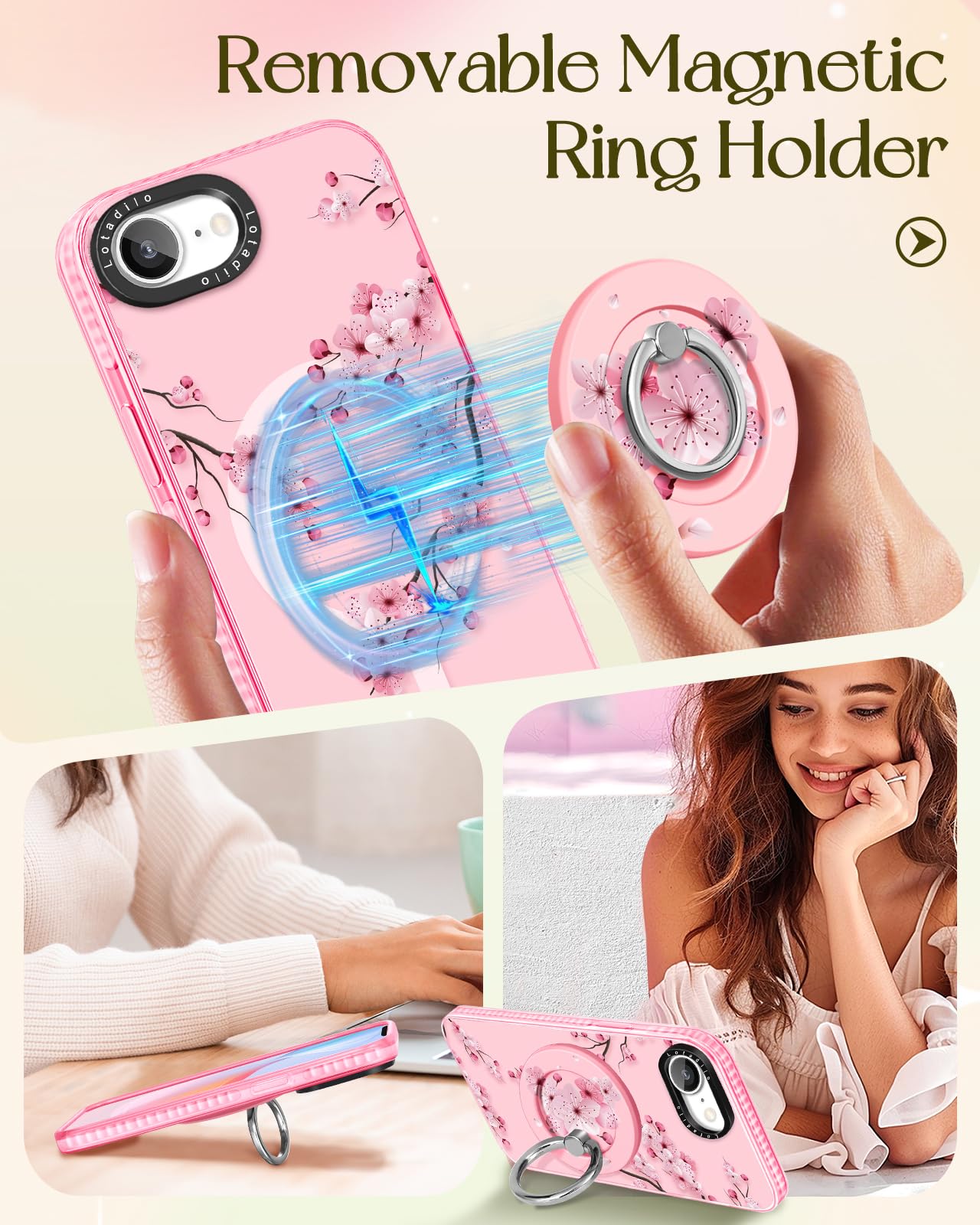 Lotadilo Cute Case For Iphone 16E For Women Girls - Funny Peach Blossom Design Compatible With Magsafe Magnetic Ring Holder Kick