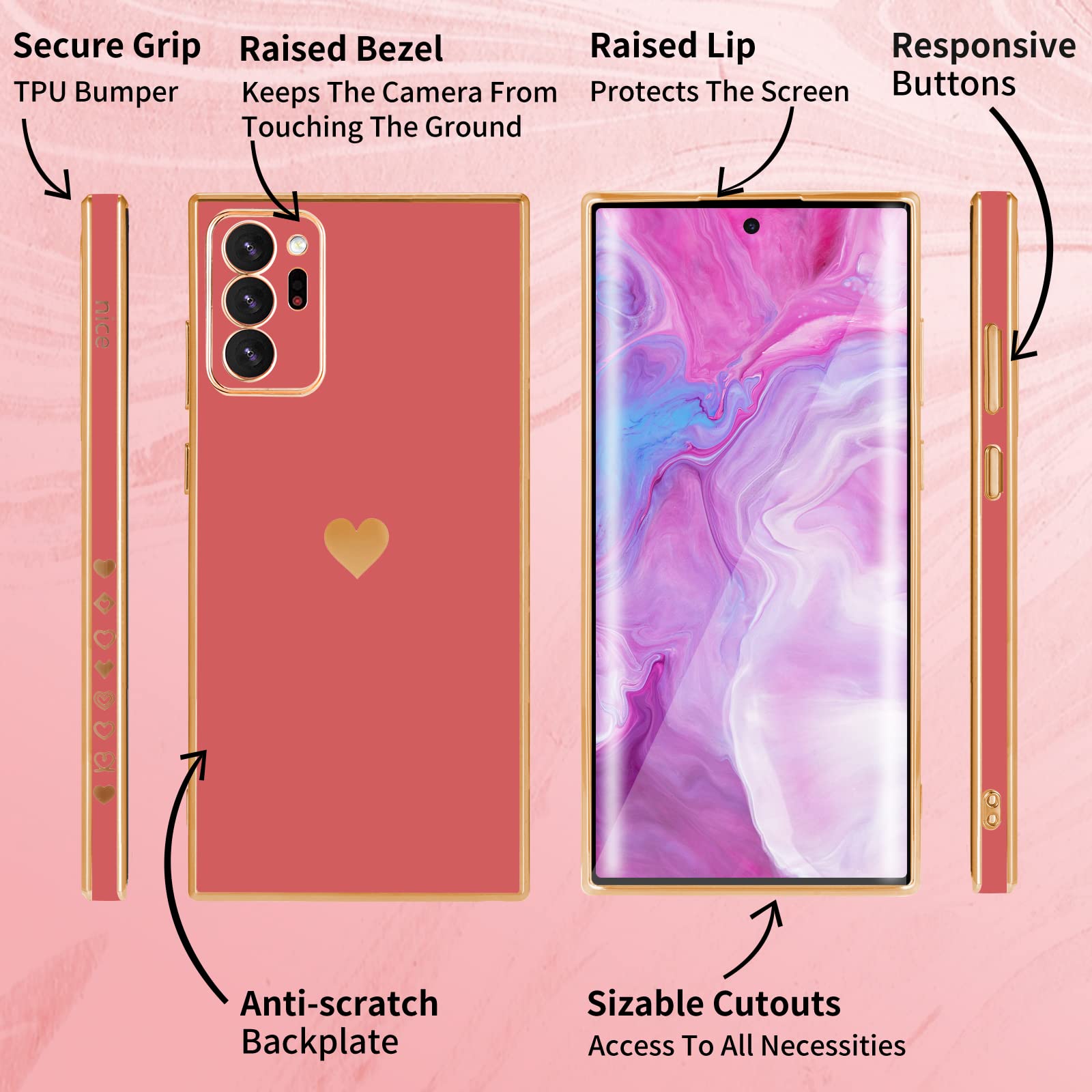 Shorogyt (3In1 Heart Case For Samsung Galaxy Note 20 Ultra 5G/4G 6.9 Inch Women Cute Aesthetic Love Hearts Pattern Girls Red Gol