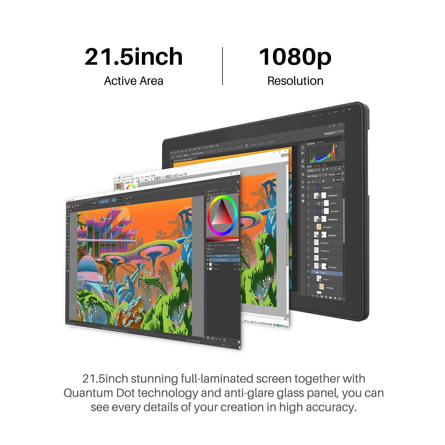Huion Kamvas 22 Plus Qled Drawing Tablet With Full-Laminated Screen Usb-C Connection 140% Srgb Tilt, 21.5 Inch Graphics Art Tabl