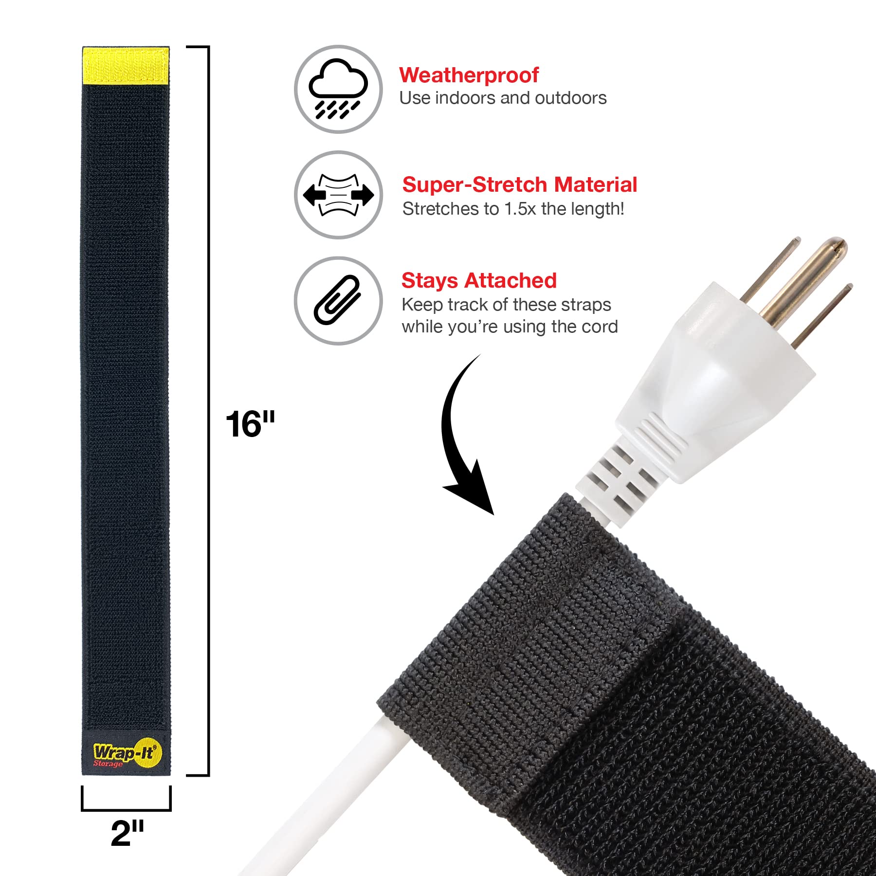 Selfie Straps By Wrap It Storage, 16 Inch (6 Pack), Black   Stretchy Hook And Loop Cord Organizer That Stays Attached To Cord Fo