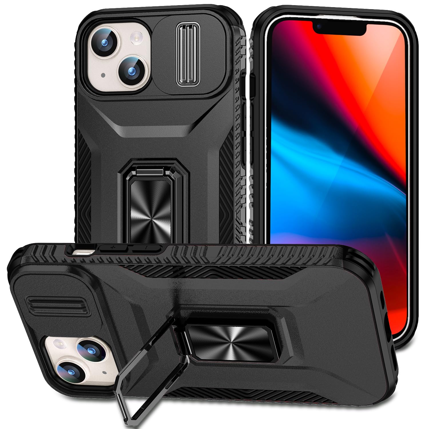 Hitaoyou For Iphone 15 Case, Phone Case Iphone 15,Iphone 15 Case With Camera Cover & Kickstand Military Grade Shockproof Heavy D