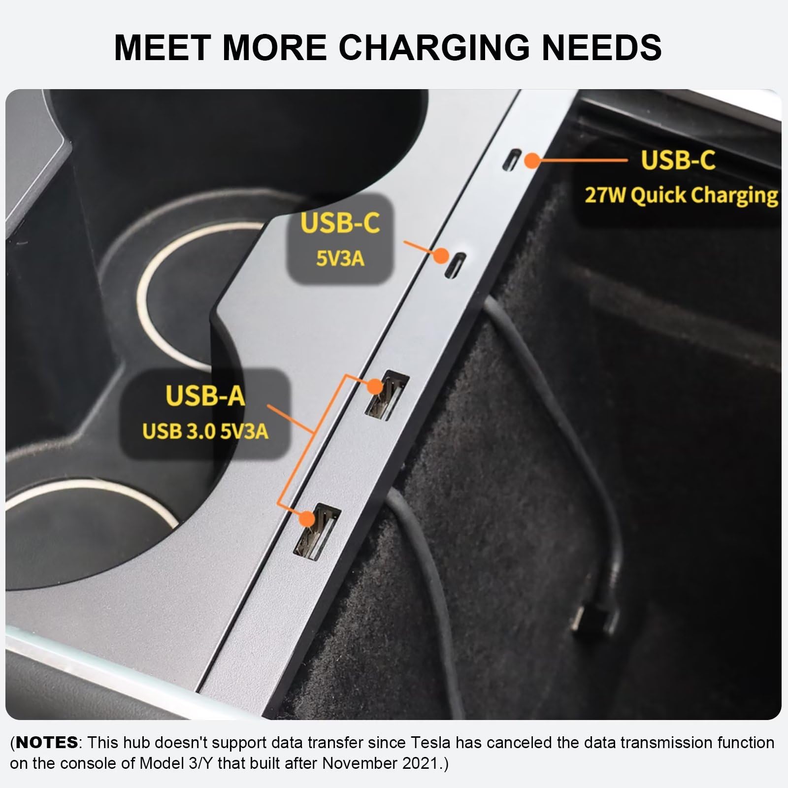 Vugosson Usb Hub For Tesla Model Y 2021 2024 Model 3 2021 2023 Center Console, Support Usb C Fast Charging, Docking Station Acce