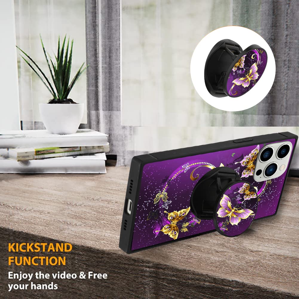 SAKUULO iPhone 12 Pro Max Phone Case Screen Protector Kickstand Shock Absorption Soft TPU Purple Butterfly