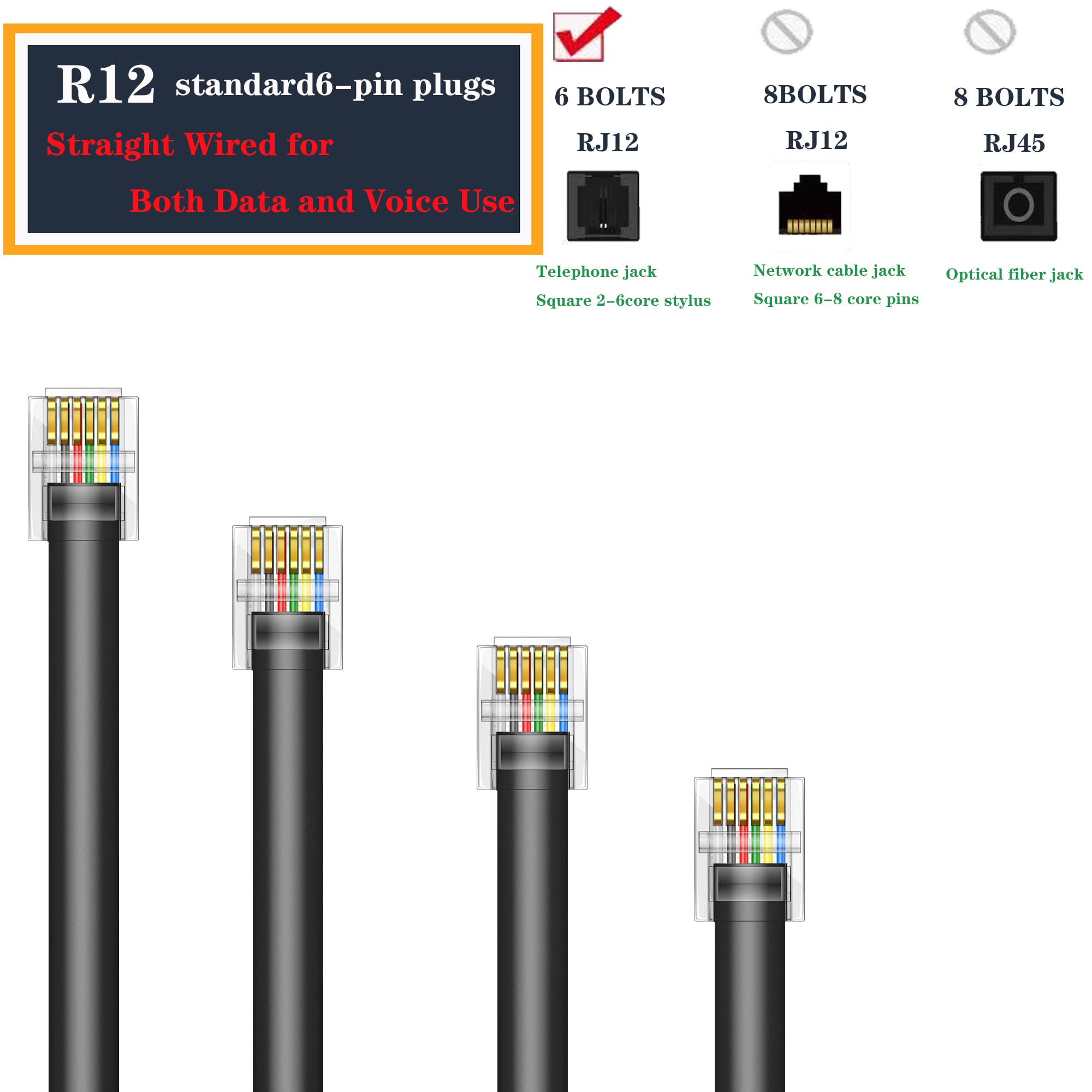 Lansensu Rj12 Cable Phone Cord Rj12 6P6C Male To Male Straight Wired For Both Data And Voice Use   2Pack (Black, 10Ft)