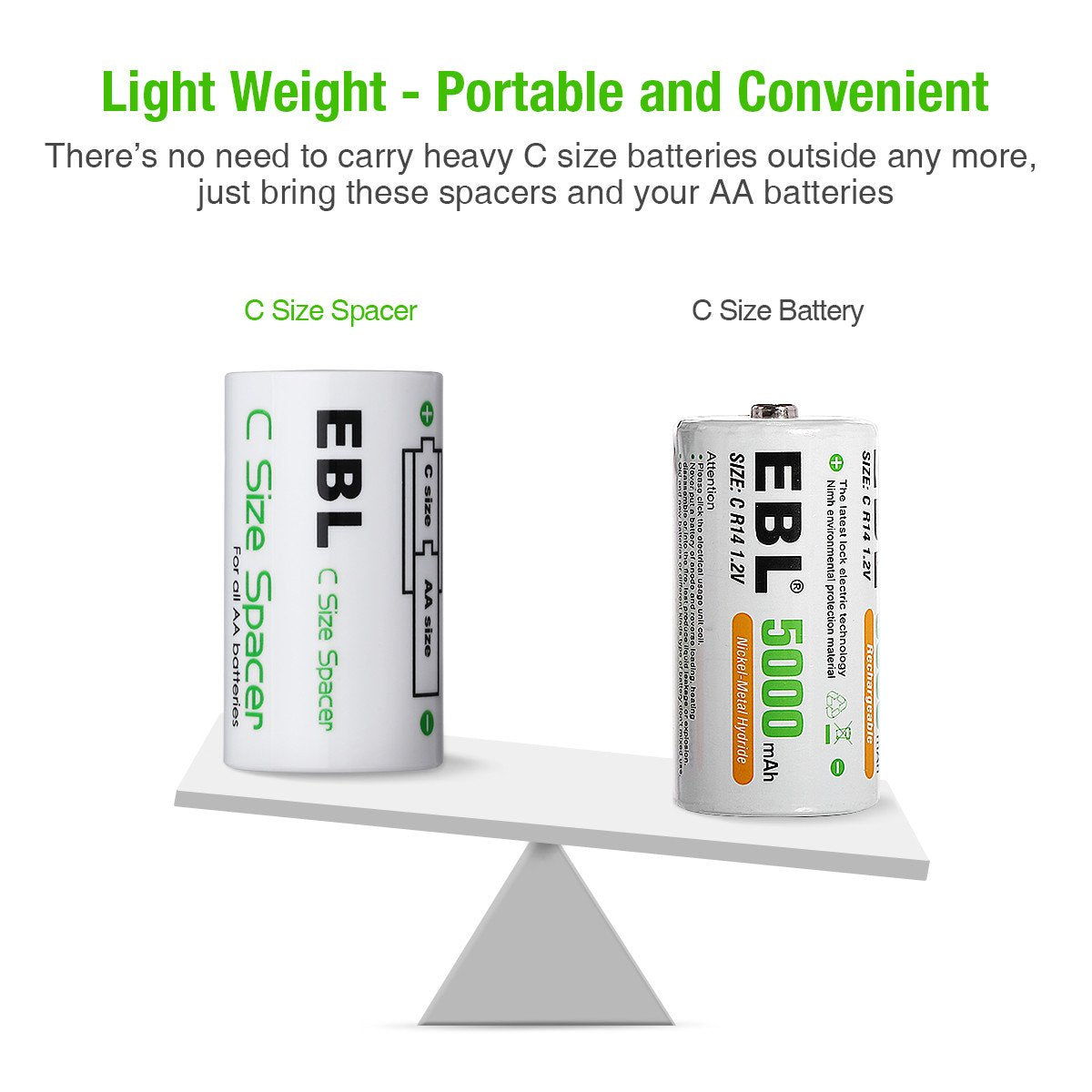 Ebl C Size Battery Adapters, Aa To C Size Battery Spacer Converter Case Use With Rechargeable Aa Battery Cells   4 Pack