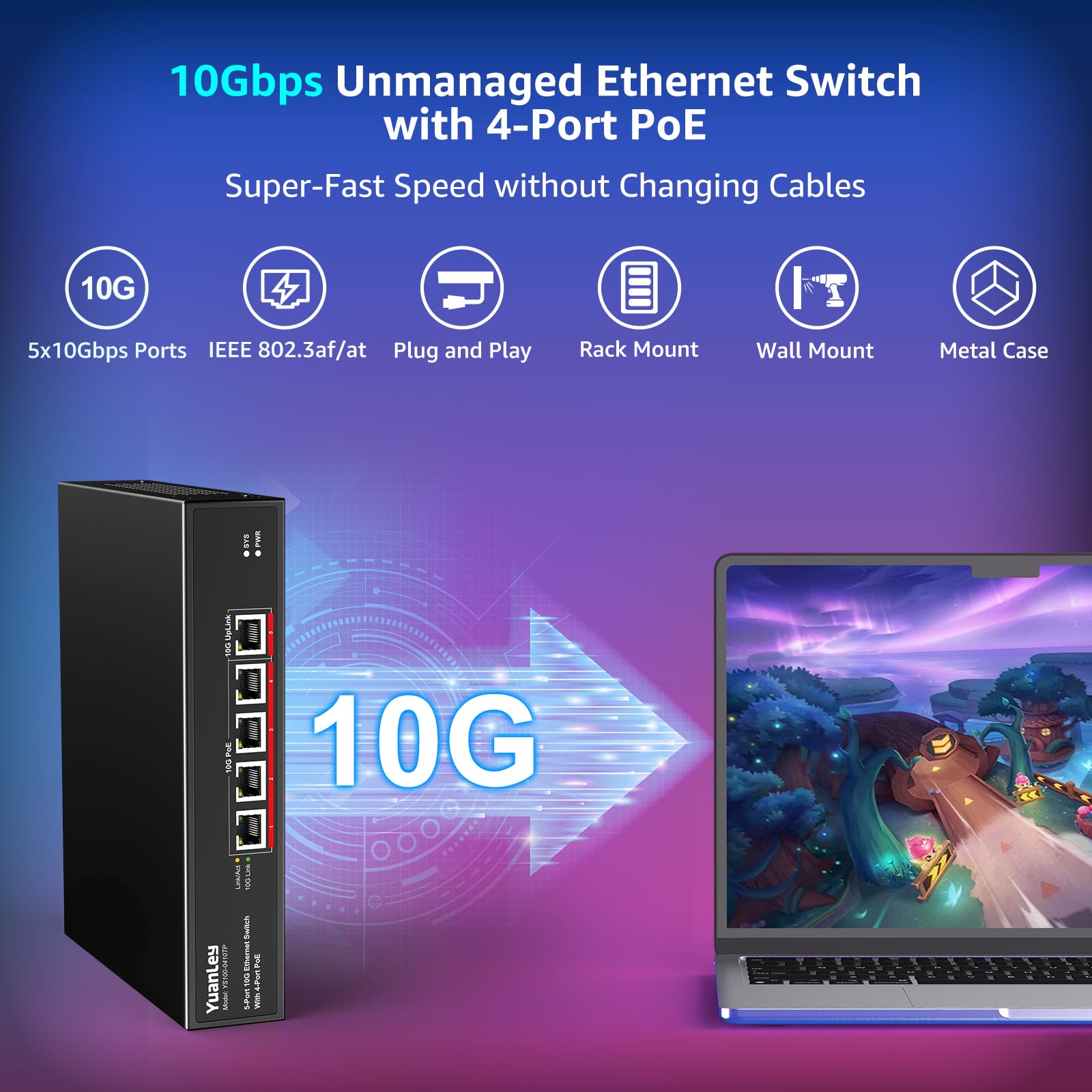 Yuanley 5 Port 10G Poe Switch Unmanaged With 4 Port Poe, 4 X 10G Base T Poe Ports, 1 X 10G Uplink, Ieee802.3Af/At, 65W Built In