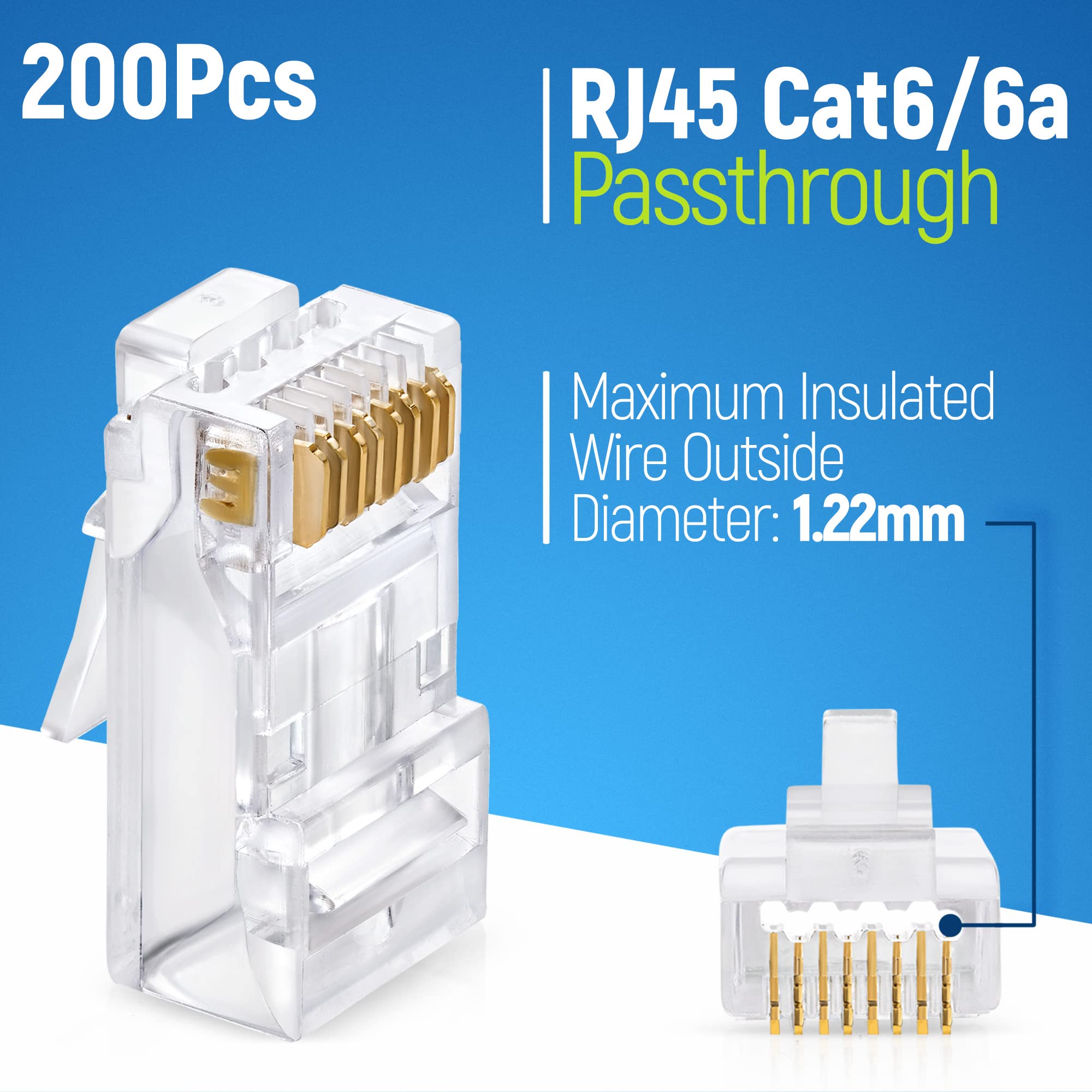 Gtz Rj45 Cat6/6A Pass Through Connectors For A Thick 23 Awg Large Diameter Utp Network Cable, 200 Pcs | Insert Guides Included