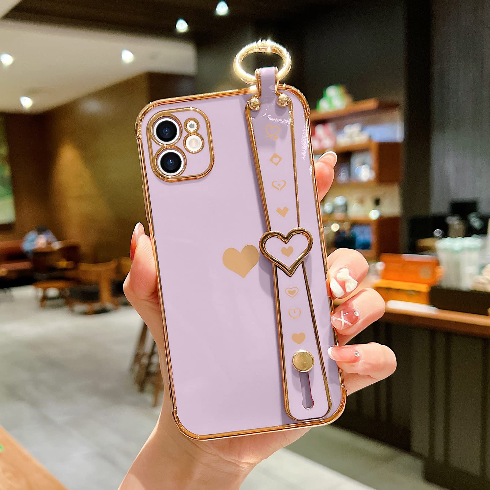 Llz.Coque Iphone 11 Cute Love Heart Case With Wristband, Bling Silicone Bumper, Camera Lens Protection   Purple (6.1'')