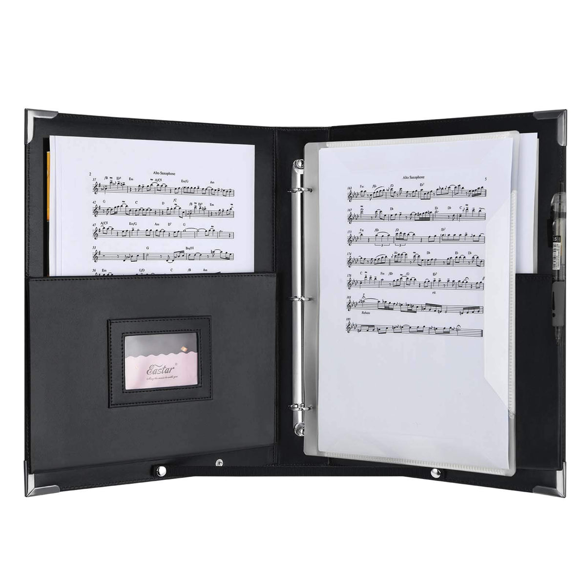 Eastar Leather Sheet Music Folder Black, 3 Rings Binder 13.5'' X 10.5'' Piano Music Choir Book With Elastic Hand Strap For,15 Po