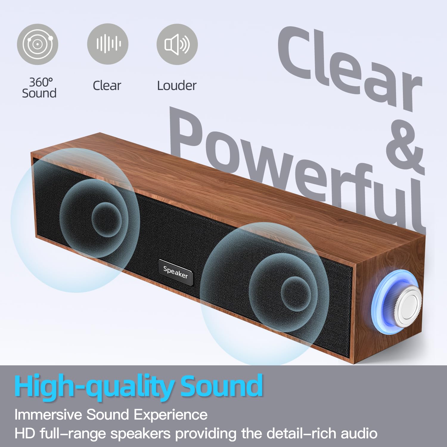 Uakinat Wooden Multimedia Digital Computer Speakers, USB Powered 3.5mm AUX Sound Bar for Desktop & Laptop, Portable Surround Sound (Brown)