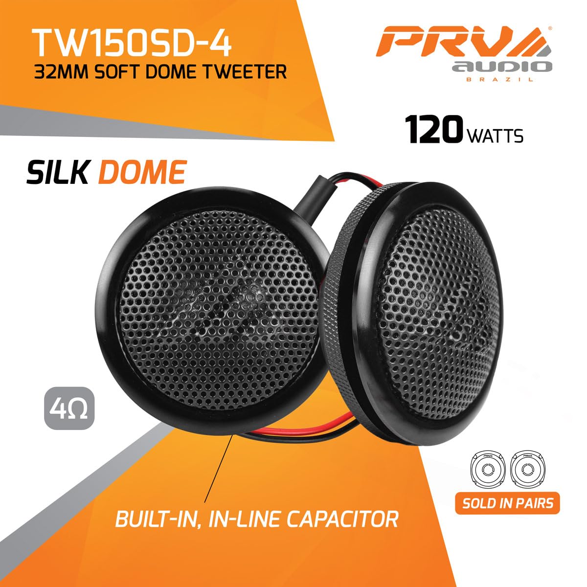 Prv Audio Soft Dome Tweeters 240 Watts 4 Ohm Tw150Sd 4 With Built In Crossover, 32 Mm Silk Dome, Neodymium Magnet For Car Audio And Motorcycle Systems Easy Flush Mount (Pair)