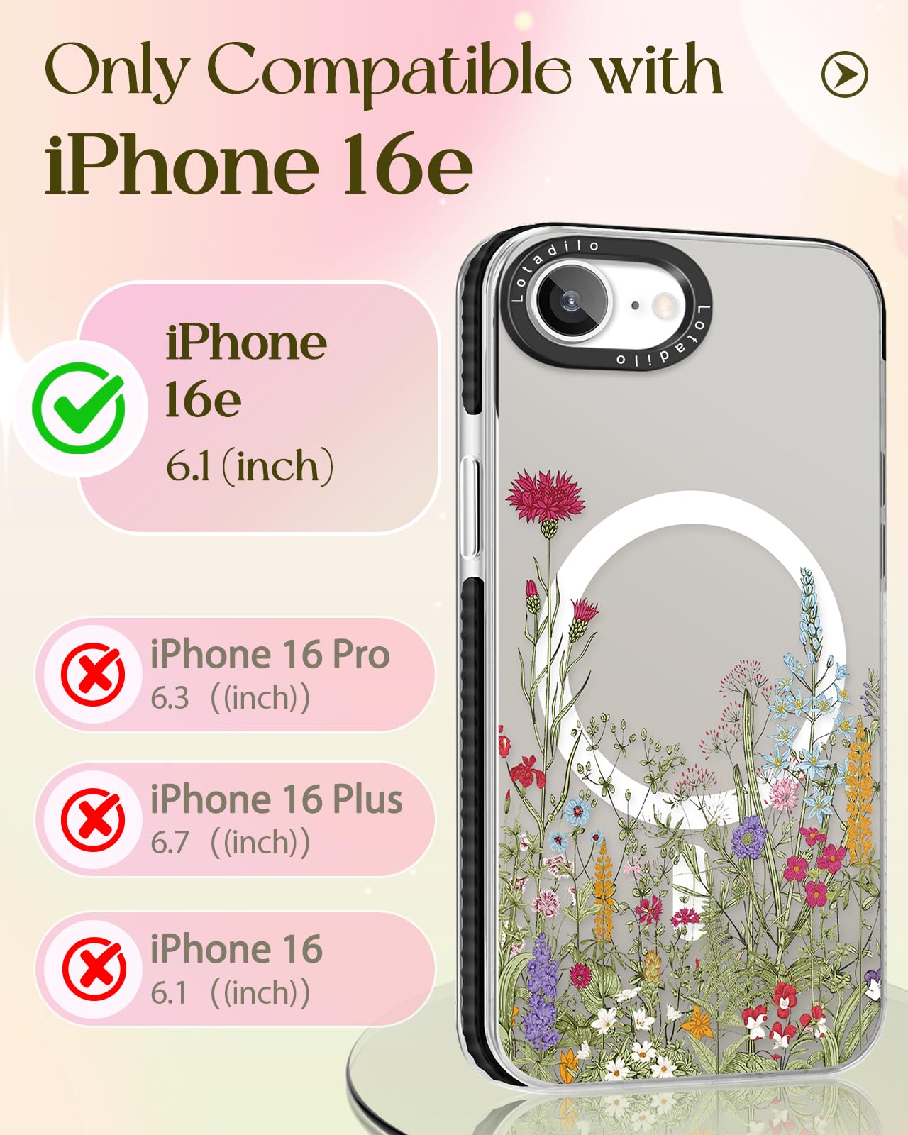 Lotadilo Cute Case For Iphone 16E For Women Girls - Funny Wild Floral Design Compatible With Magsafe Magnetic Ring Holder Kickst