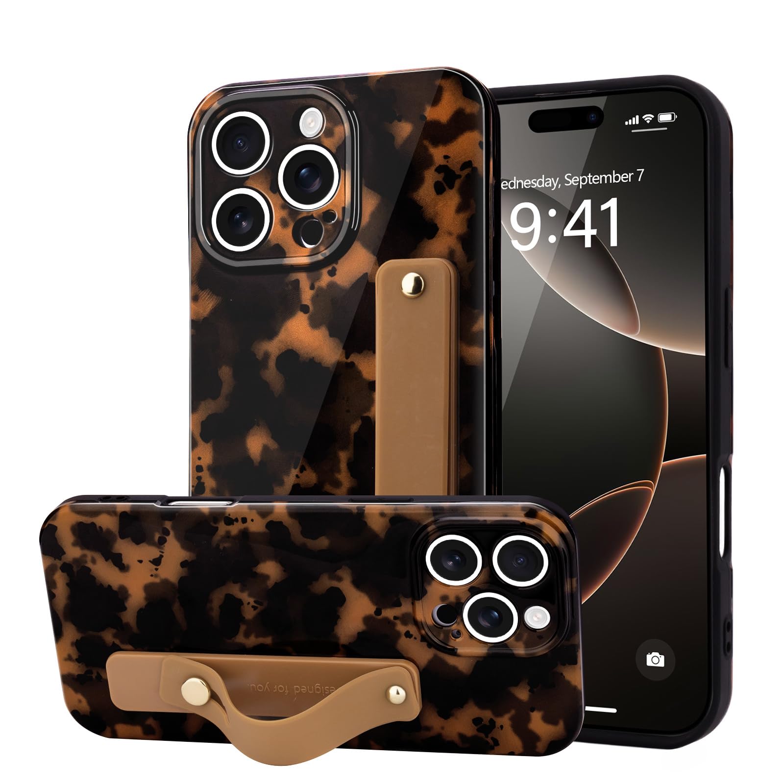 LAPOPNUT for iPhone 16 Pro Case with Wrist Strap, Cheetah Leopard Tortoise Shell Print Shockproof Soft TPU Protective Case for W