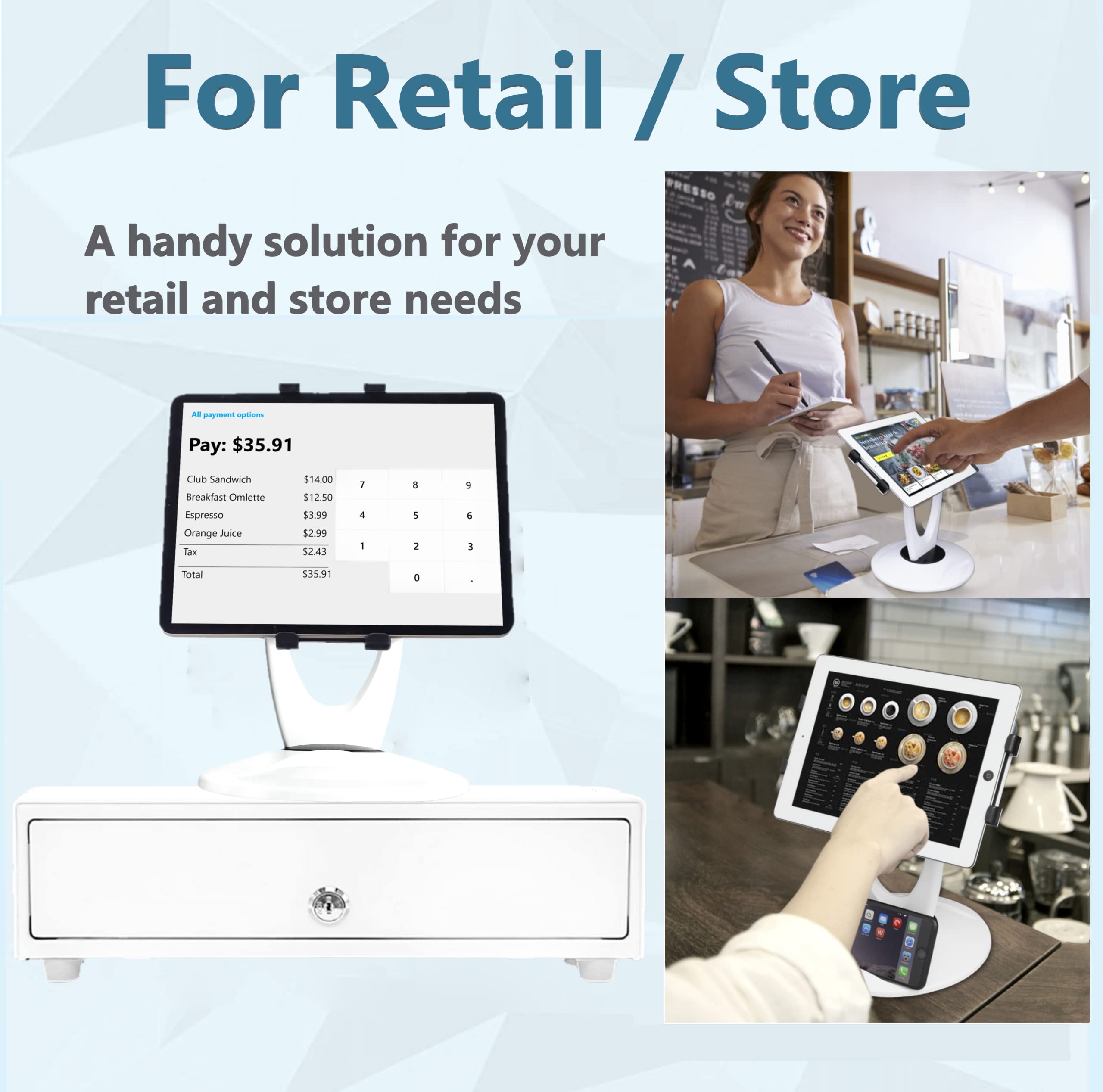 Max Smart Large Tablet Pos Stand, Rotating Commercial Tablet Stand, Swivel Base For Retail Kiosk Register Office Showcase Cashie